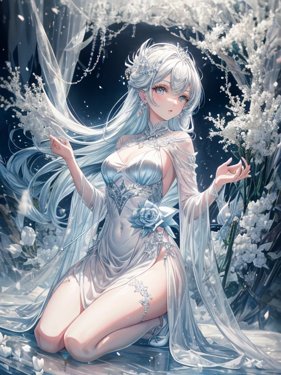 scenecy, Paradise in Heaven, White lighting,(masutepiece), (Best Quality), (Cinematic), 8K, (art  stations), Li Yue painting style. (長い白い髪とSilvery eyesを持つ1人の女), (流れるような白くSheerドレス)、Beautiful delicate face]、[ Blue skin] [+ Body parts] [ Particle Lou Full Moon] [Frozen trees々] [landscape crystal] [Lighting] [Ethereal Atmosphere]:1.1 [Fantasy, short story] [soft Lighting] [+Cinematic shot]:1.2 [+art  stations] [+luminous white background] [+soft Lighting] [soft glow] [Creative and dynamic angles]:1.3, [+Crystal Toning] 、masutepiece, ighly detailed, Ultra-detailed, Solo, (pale skin), Silvery eyes, Frosty white hair, (snowy background), snowflake rosen flower:1.5), (crystal crown), (shining crystal), (((白くSheerドレス))), (Snowy ground), (Icy breath), (Frozen lashes), 花のある部屋に立つSheer繊細なウェディングドレスを着た美女, Female sexy、luxurious wedding, very magical and dreamy, dreamy and detailed, ethereal fairy tale, The setting of a fairy tale:, 贅沢なSheer薄いドレス, dreamy diamond、たくさんのクリスタルが付いたSheerドレス, fantasy sheer dress, A magical dress with a transparent chest, crystal see-through dress, Woman in a transparent dress with sparkling flowersな雰囲気とドラマ, Gorgeous setting, long luxurious intricate sheer gown, 妖しい雰囲気 masutepiece, The most beautiful scenes, An majestic、(((full of white flowers)))、quiet and serene atmosphere、A charming, Sheer,The nipple is visible、large boob、sexy-S 100,たくさんのクリスタルが付いたSheerドレス, fantasy sheer dress, Transparent chest dress, crystal see-through dress, Woman in a transparent dress with sparkling flowers, intricate fantasy sheer dress, transparent rainbow color, Detailed translucent costume design, transparent dress, a stunning young ethereal figure, Bejeweled Opal Statue, fantasy transparent costume,pure white and dazzling、all white tones,Inside the crystal library,Transparent flowers and falling snow，Many white roses were planted,flowingwater,falls,water bloom,The decoration is also carefully done.,Dreamy（ighly detailedです，Creative Design，crisp and precise lines，K HD，best qualtiy，tmasterpiece，超A high resolution，4K）、modeled、Diverse poses、beautiful hair ornament、Beautiful hairstyle、Full body view、グラビアmodeled