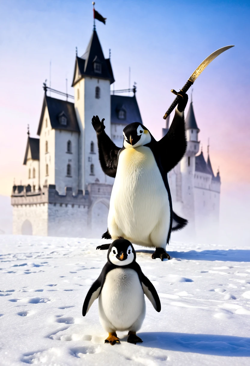 An emperor penguin in a snowy setting with a castle in the background, duas mulheres ruivas, um corvo dourado voando, um homem de cabelos negros com uma katana e uma mulher de cabelos negros e peitos fartos