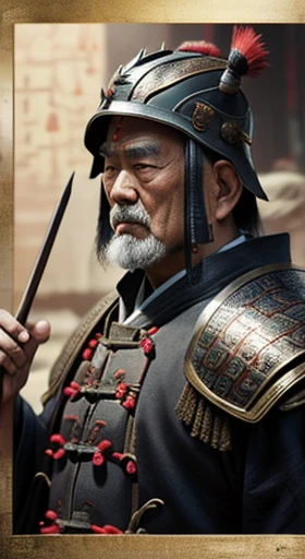 oriental、Old man wearing ancient Chinese armor、old man in ancient chinese helmet、three kingdom、multiple warlords、top-quality、​masterpiece、超A high resolution、(Photorealsitic:1.4)、Cinematic poster