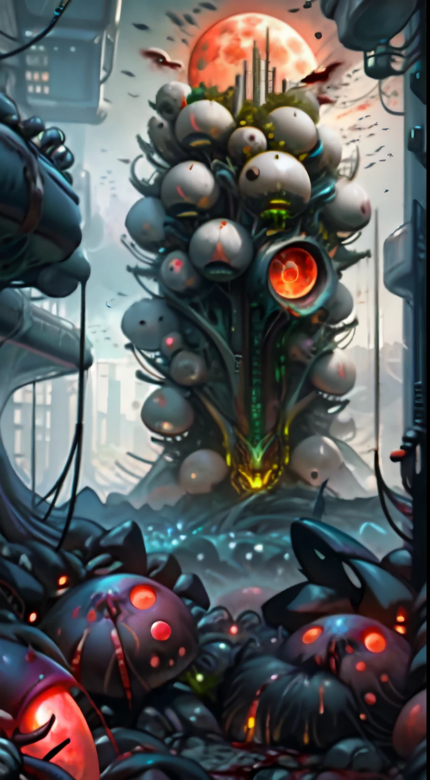 Vertical digital illustration surreal and visionary art mixed sci-fi terror cosmic comics, to wide angle city buildings with carbon fiber , multidimensional creatures based carbon fiber life, the city It feeds on blood, neon lights, post apocalyptic, multichromatic, devil creatures, Encapsulated nature, tree inside a glass capsule, blood moon Vanishing , capsules_ blood biobattery, unified theory, hr giger, frank Frasetta, Alex Gray, dark psychodelic, vivid color, depth of fie, motors, wires, buttons, lcd, artstation trending, unreal engine 5