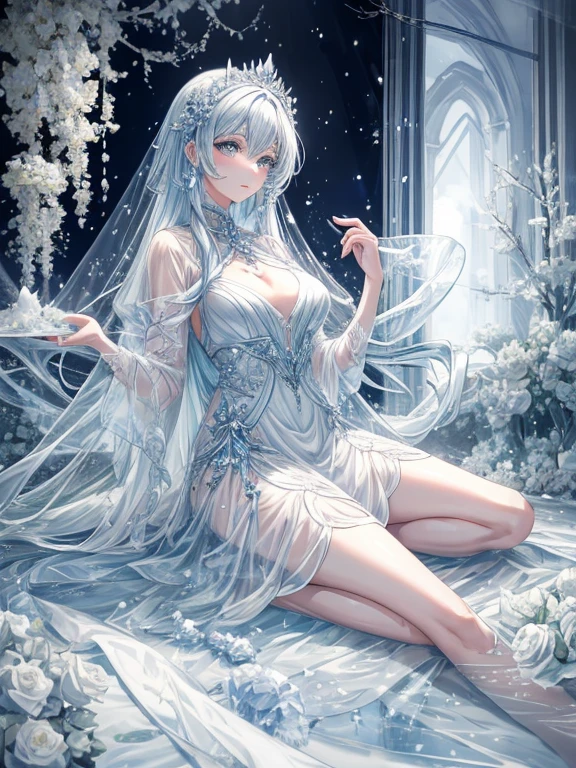 scenecy, Paradise in Heaven, White lighting,(masutepiece), (Best Quality), (Cinematic), 8K, (art  stations), Li Yue painting style. (長い白い髪とSilvery eyesを持つ1人の女), (流れるような白くSheerドレス)、Beautiful delicate face]、[ Particle Lou Full Moon] [Frozen trees々] [landscape crystal] [Lighting] [Ethereal Atmosphere]:1.1 [Fantasy, short story] [soft Lighting] [+Cinematic shot]:1.2 [+art  stations] [+luminous white background] [+soft Lighting] [soft glow] [Creative and dynamic angles]:1.3, [+Crystal Toning] 、masutepiece, ighly detailed, Ultra-detailed, Solo, (pale skin), Silvery eyes, Frosty white hair, (snowy background), snowflake rosen flower:1.5), (crystal crown), (shining crystal), (((白くSheerドレス))), (Snowy ground), (Icy breath), (Frozen lashes), 花のある部屋に立つSheer繊細なウェディングドレスを着た美女, Female sexy、luxurious wedding, very magical and dreamy, dreamy and detailed, ethereal fairy tale, The setting of a fairy tale:, 贅沢なSheer薄いドレス, dreamy diamond、たくさんのクリスタルが付いたSheerドレス, fantasy sheer dress, A magical dress with a transparent chest, crystal see-through dress, Woman in a transparent dress with sparkling flowersな雰囲気とドラマ, Gorgeous setting, long luxurious intricate sheer gown, 妖しい雰囲気 masutepiece, The most beautiful scenes, An majestic、(((full of white flowers)))、quiet and serene atmosphere、A charming, Sheer,The nipple is visible、large boob、sexy-S 100,たくさんのクリスタルが付いたSheerドレス, fantasy sheer dress, Transparent chest dress, crystal see-through dress, Woman in a transparent dress with sparkling flowers, intricate fantasy sheer dress, transparent rainbow color, Detailed translucent costume design, transparent dress, a stunning young ethereal figure, Bejeweled Opal Statue, fantasy transparent costume,pure white and dazzling、all white tones,Inside the crystal library,Transparent flowers and falling snow，Many white roses were planted,flowingwater,falls,water bloom,The decoration is also carefully done.,Dreamy（ighly detailedです，Creative Design，crisp and precise lines，K HD，best qualtiy，tmasterpiece，超A high resolution，4K）、modeled、Diverse poses、beautiful hair ornament、Beautiful hairstyle、Full body view、グラビアmodeled