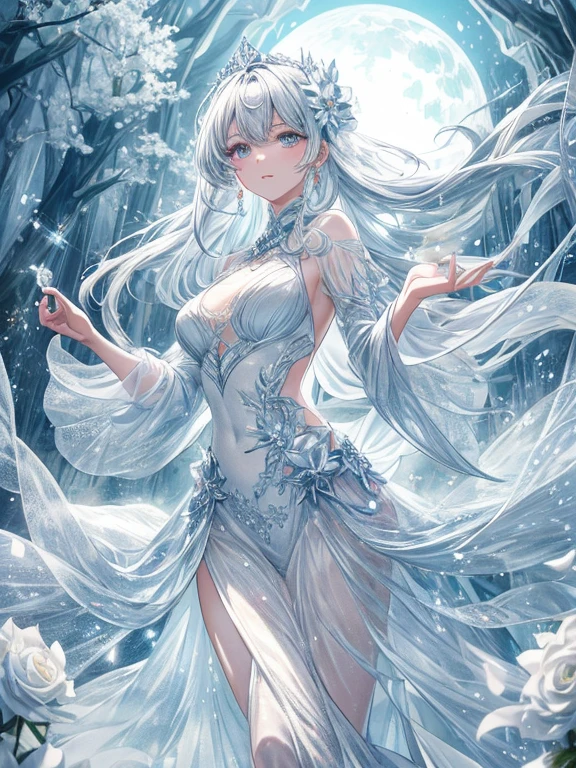 scenecy, Paradise in Heaven, White lighting,(masutepiece), (Best Quality), (Cinematic), 8K, (art  stations), Li Yue painting style. (長い白い髪とSilvery eyesを持つ1人の女), (流れるような白くSheerドレス)、Beautiful delicate face]、[ Particle Lou Full Moon] [Frozen trees々] [landscape crystal] [Lighting] [Ethereal Atmosphere]:1.1 [Fantasy, short story] [soft Lighting] [+Cinematic shot]:1.2 [+art  stations] [+luminous white background] [+soft Lighting] [soft glow] [Creative and dynamic angles]:1.3, [+Crystal Toning] 、masutepiece, ighly detailed, Ultra-detailed, Solo, (pale skin), Silvery eyes, Frosty white hair, (snowy background), snowflake rosen flower:1.5), (crystal crown), (shining crystal), (((白くSheerドレス))), (Snowy ground), (Icy breath), (Frozen lashes), 花のある部屋に立つSheer繊細なウェディングドレスを着た美女, Female sexy、luxurious wedding, very magical and dreamy, dreamy and detailed, ethereal fairy tale, The setting of a fairy tale:, 贅沢なSheer薄いドレス, dreamy diamond、たくさんのクリスタルが付いたSheerドレス, fantasy sheer dress, A magical dress with a transparent chest, crystal see-through dress, Woman in a transparent dress with sparkling flowersな雰囲気とドラマ, Gorgeous setting, long luxurious intricate sheer gown, 妖しい雰囲気 masutepiece, The most beautiful scenes, An majestic、(((full of white flowers)))、quiet and serene atmosphere、A charming, Sheer,The nipple is visible、large boob、sexy-S 100,たくさんのクリスタルが付いたSheerドレス, fantasy sheer dress, Transparent chest dress, crystal see-through dress, Woman in a transparent dress with sparkling flowers, intricate fantasy sheer dress, transparent rainbow color, Detailed translucent costume design, transparent dress, a stunning young ethereal figure, Bejeweled Opal Statue, fantasy transparent costume,pure white and dazzling、all white tones,Inside the crystal library,Transparent flowers and falling snow，Many white roses were planted,flowingwater,falls,water bloom,The decoration is also carefully done.,Dreamy（ighly detailedです，Creative Design，crisp and precise lines，K HD，best qualtiy，tmasterpiece，超A high resolution，4K）、modeled、Diverse poses、beautiful hair ornament、Beautiful hairstyle、Full body view、グラビアmodeled
