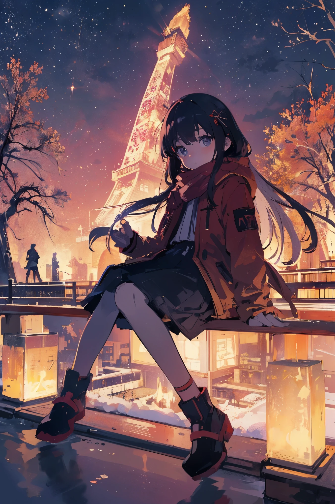 (masterpiece、top-quality、Official art:1.2)、Look at viewers、())、(Winter clothes,colorless hair)(nighttime scene)(With illuminated Tokyo Tower in the background),realisitic、(2D:1.5)