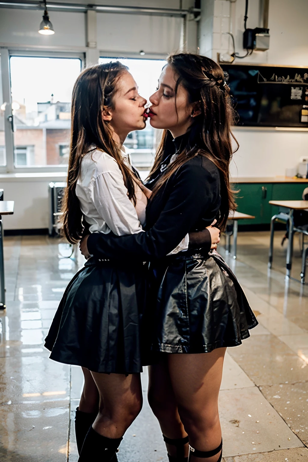 ((best quality)), ((masterpiece)), ((Perfect face)), 8K, full hd, full body. photo of a couple's kids girls aged 6-7  kissing, big european black eyes, perky tits. perfect face, big sexy lips. in the school. the girl is wearing a black skirt.