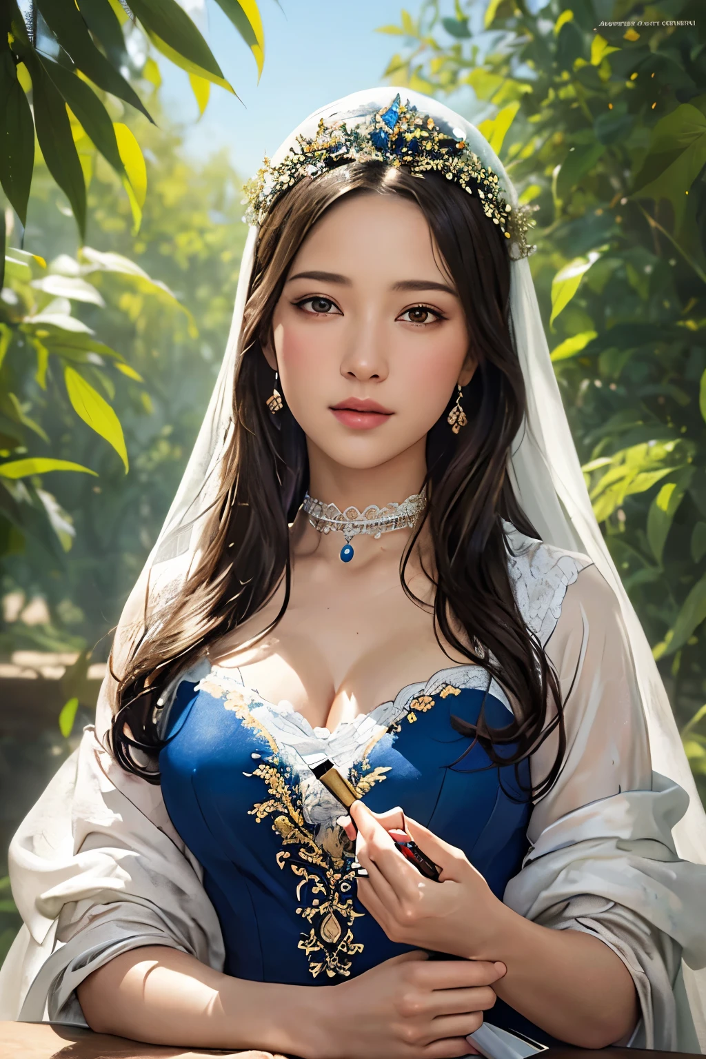 A beautiful ultra-thin Realistic portrait of the Virgin Mary, White costume with blue details, ((Divinity)), Full body, biblical, Realistic, Intricate details, by Abbott Fuller Graves, Bartolomé Esteban Murillo, JC Leyendecker, Craig Mullins, Peter Paul Rubens, (Caravaggio), Trending in art stations, 8K, Concept art, Fantasy Art, PhotoRealistic, Realistic, Illustration, Oil Painting, surrealism, HyperRealistic, Brush Brush, Digital Art, Style, aquarelle