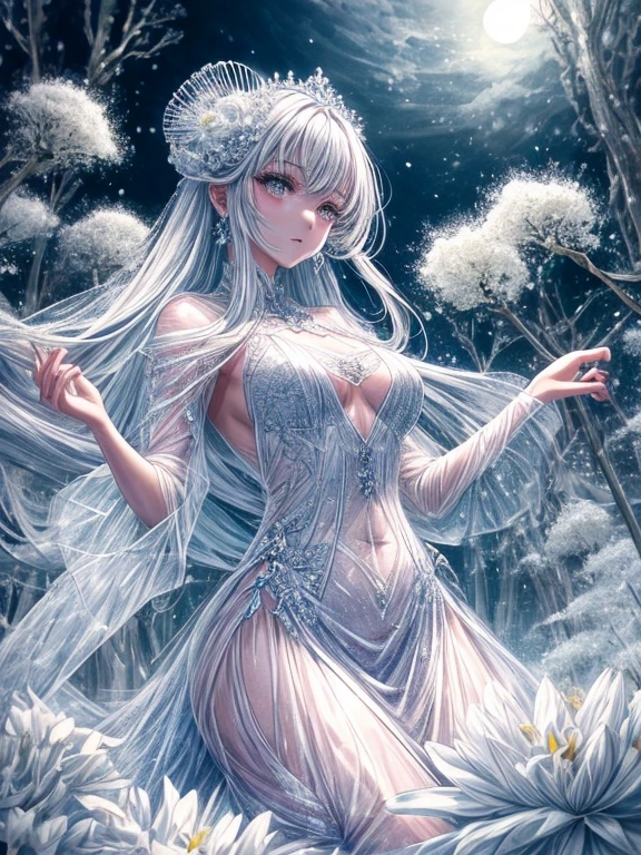 scenecy, Paradise in Heaven, White lighting,(masutepiece), (Best Quality), (Cinematic), 8K, (art  stations), Li Yue painting style. (長い白い髪とSilvery eyesを持つ1人の女), (流れるような白くSheerドレス)、Beautiful delicate face]、[ Particle Lou Full Moon] [Frozen trees々] [landscape crystal] [Lighting] [Ethereal Atmosphere]:1.1 [Fantasy, short story] [soft Lighting] [+Cinematic shot]:1.2 [+art  stations] [+luminous white background] [+soft Lighting] [soft glow] [Creative and dynamic angles]:1.3, [+Crystal Toning] 、masutepiece, ighly detailed, Ultra-detailed, Solo, (pale skin), Silvery eyes, Frosty white hair, (snowy background), snowflake rosen flower:1.5), (crystal crown), (shining crystal), (((白くSheerドレス))), (Snowy ground), (Icy breath), (Frozen lashes), 花のある部屋に立つSheer繊細なウェディングドレスを着た美女, Female sexy、luxurious wedding, very magical and dreamy, dreamy and detailed, ethereal fairy tale, The setting of a fairy tale:, 贅沢なSheer薄いドレス, dreamy diamond、たくさんのクリスタルが付いたSheerドレス, fantasy sheer dress, A magical dress with a transparent chest, crystal see-through dress, Woman in a transparent dress with sparkling flowersな雰囲気とドラマ, Gorgeous setting, long luxurious intricate sheer gown, 妖しい雰囲気 masutepiece, The most beautiful scenes, An majestic、(((full of white flowers)))、quiet and serene atmosphere、A charming, Sheer,The nipple is visible、large boob、sexy-S 100,たくさんのクリスタルが付いたSheerドレス, fantasy sheer dress, Transparent chest dress, crystal see-through dress, Woman in a transparent dress with sparkling flowers, intricate fantasy sheer dress, transparent rainbow color, Detailed translucent costume design, transparent dress, a stunning young ethereal figure, Bejeweled Opal Statue, fantasy transparent costume,pure white and dazzling、all white tones,Inside the crystal library,Transparent flowers and falling snow，Many white roses were planted,flowingwater,falls,water bloom,The decoration is also carefully done.,Dreamy（ighly detailedです，Creative Design，crisp and precise lines，K HD，best qualtiy，tmasterpiece，超A high resolution，4K）、modeled、Diverse poses、beautiful hair ornament、Beautiful hairstyle、Full body view、グラビアmodeled
