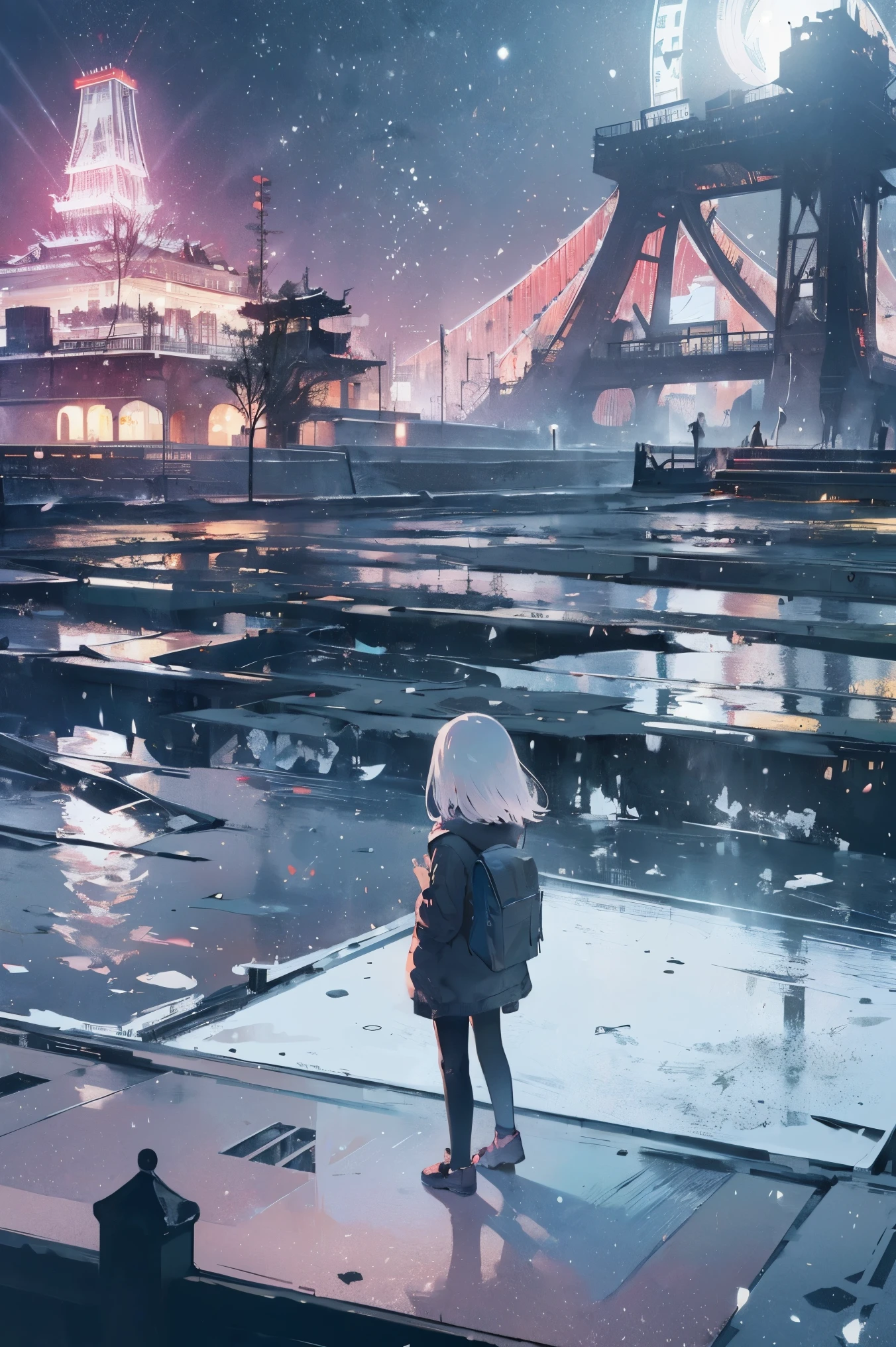 (masterpiece、top-quality、Official art:1.2)、Look at viewers、(Little Girl))、(Winter clothes,colorless hair)(nighttime scene)(With illuminated Tokyo Tower in the background),realisitic、(2D:1.5)