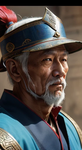 oriental、Old man wearing ancient Chinese armor、old man in ancient chinese helmet、three kingdom、multiple warlords、top-quality、masterpiece、超A high resolution、(Photorealsitic:1.4)、Cinematic poster