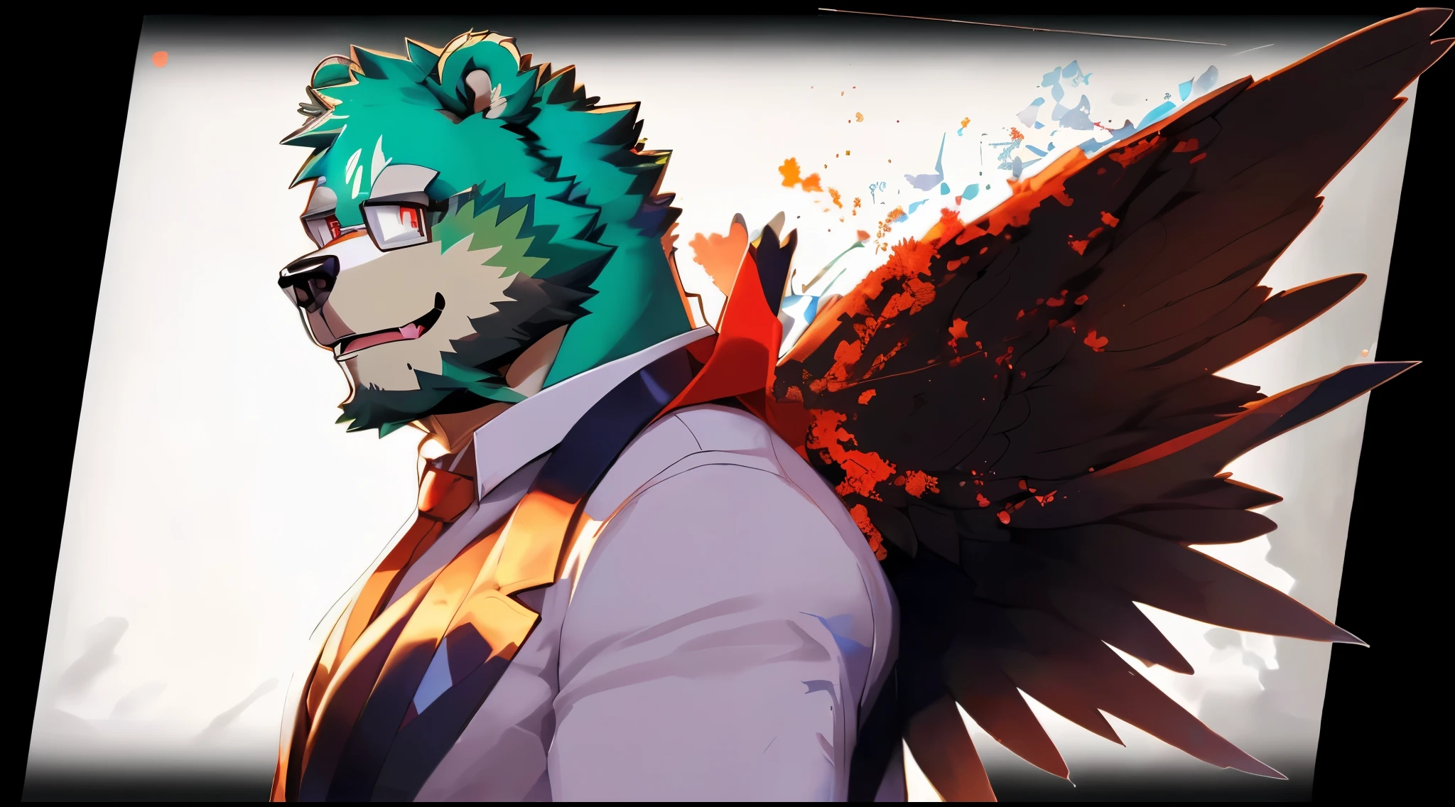 (jinpei), anthro ((bear)), furry, bear, green fur, green hair, beard, male, white eyebrows, red eyes, masterpiece, ((Best quality)), character focus solo, handsome, middle-aged, mature, muscle body, sexy, dilf, full body, jinpei wearing white feather suit, black wings disolve into particle, furry art!!!, anthropomorphic racoon, furry mawshot art, furry art, furry anime, fursona art, digital art from danganronpa, professional furry drawing, very very beautiful furry art, furry digital art, furry character portrait, pov furry art, fursona furry art commission, furry anime, very very beautiful furry art, fursona art, furry art!!!, fursona furry art commission, avian!!! fursona, pov furry art, from cryptid academia, digital art from danganronpa, furry character portrait, furry art, profile picture 1024px, epic anime style