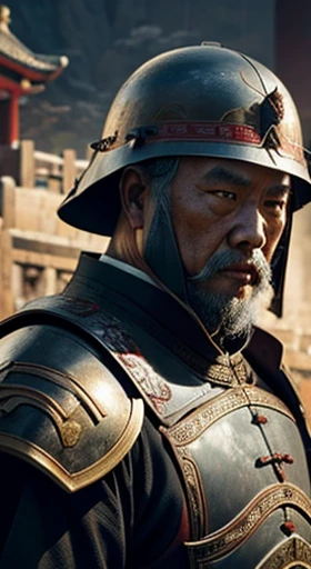 oriental、Old man wearing ancient Chinese armor、Old man wearing an ancient Chinese helmet、three kingdom、multiple warlords、top-quality、​masterpiece、超A high resolution、(Photorealsitic:1.4)、Cinematic poster