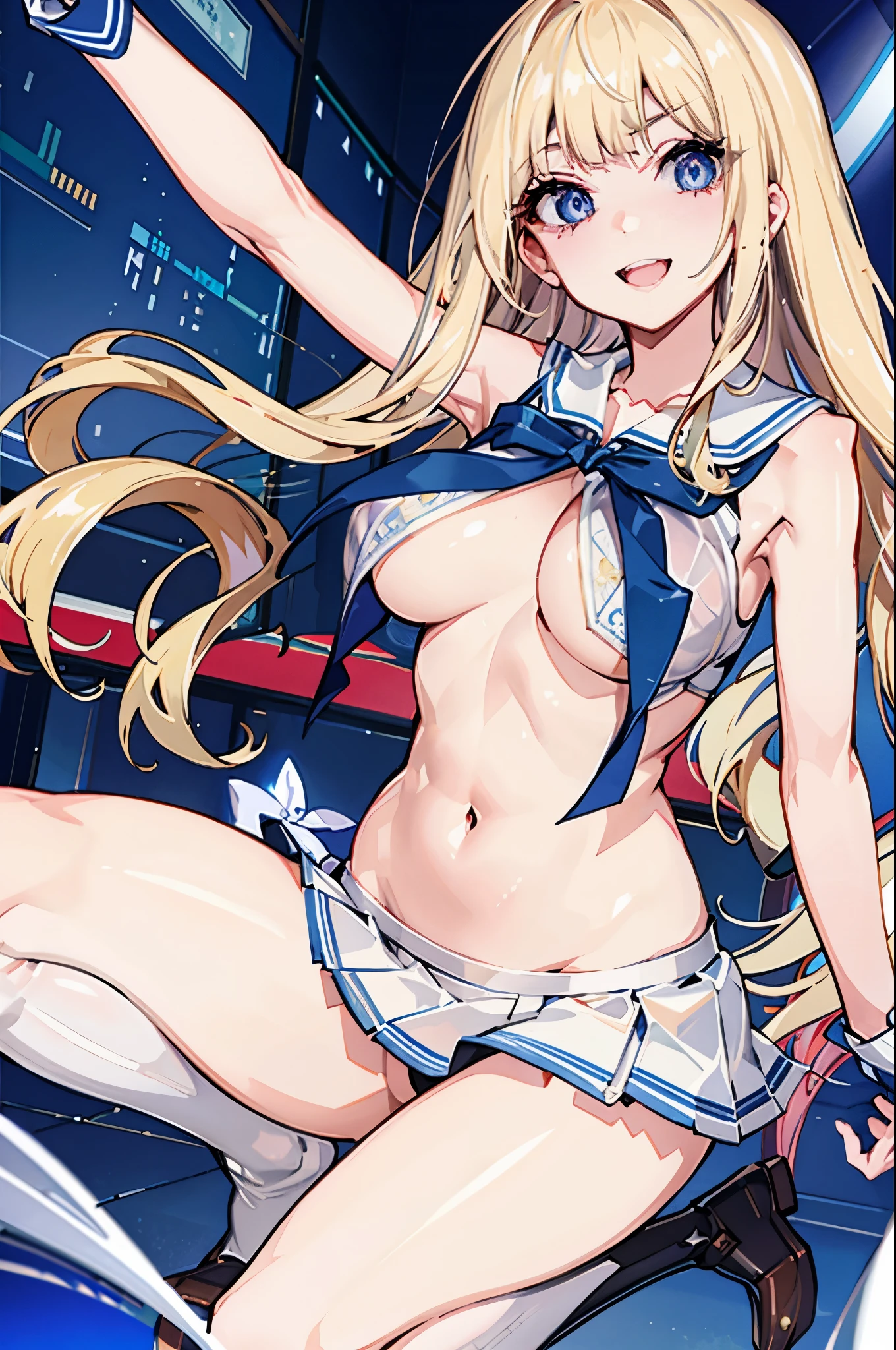 top-quality、realistic touch,high-detail、photoRealstic、thin-waist、captive beauty、big eye、solid platinum-blonde eyelashes、platinum-blonde、full body Esbian、Sparkling eyes、Submissive smile、Flushed cheeks、Kamimei、thin-waist、Voluptuous thighs、Enraptured look、In the classroom of the school、Navel look、She is in estrus、a sailor suit、cocky expression、Colossal tits、Super short skirt with V-line visible、Camera angle from below、Big breasts visible between uniform and stomach、Sleeveless