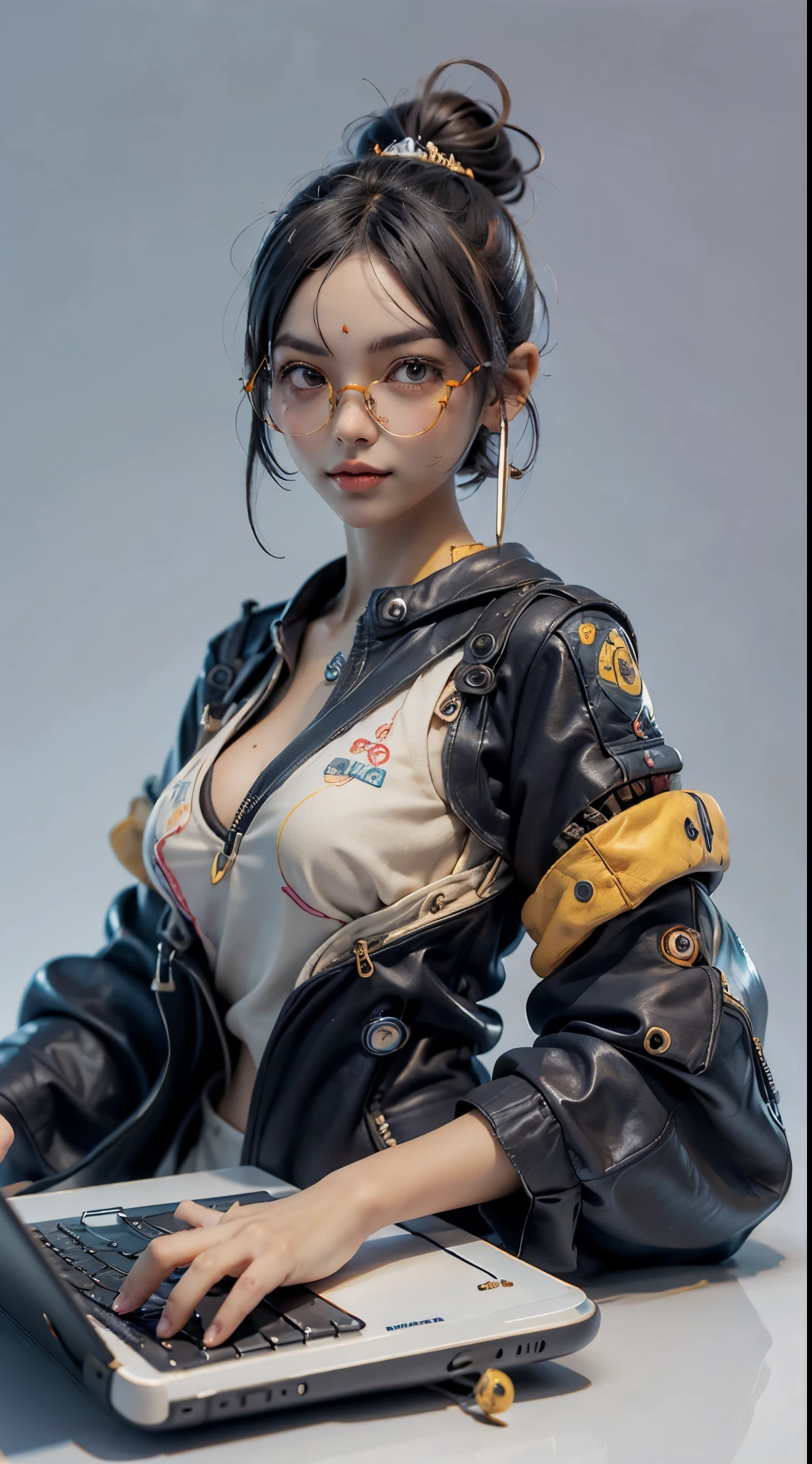 (tmasterpiece), (Excellent), (Super detailed pictures: 1.2), Super Young Woman, The beautiful, sexy for, burst, oriental face, TV Anchor, Broken, Alone, Black suit, a blue tie, silver glasses, The face is a little fat, My face is already clean, No beard, black super short hair, 黑The eye, confident smile, 3c Computer Sub-Products, iPad, iPhone, digitial painting, 3D character design by Mark Claireldon and Pixar and Hayao Miyazaki, This picture is a 4K resolution high-definition picture,Visual effects with very detailed facial features and style.