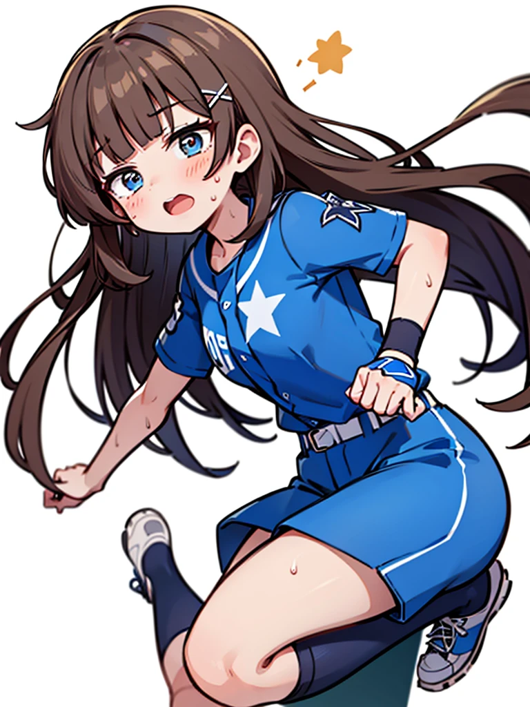 1girl, (solo), bow,
((Blunt bangs)), brown hair, brown eyes, long straight hair, ((silver-star-hairpin on her right bang)), ((baseball uniform)), ((blue stripe uniform)), simple white background, full body, ((X eyes)), open mouth, (punch), laugh, jump, sweat,
masutepiece, ultra-detailliert, best quality, 4K, 8K,