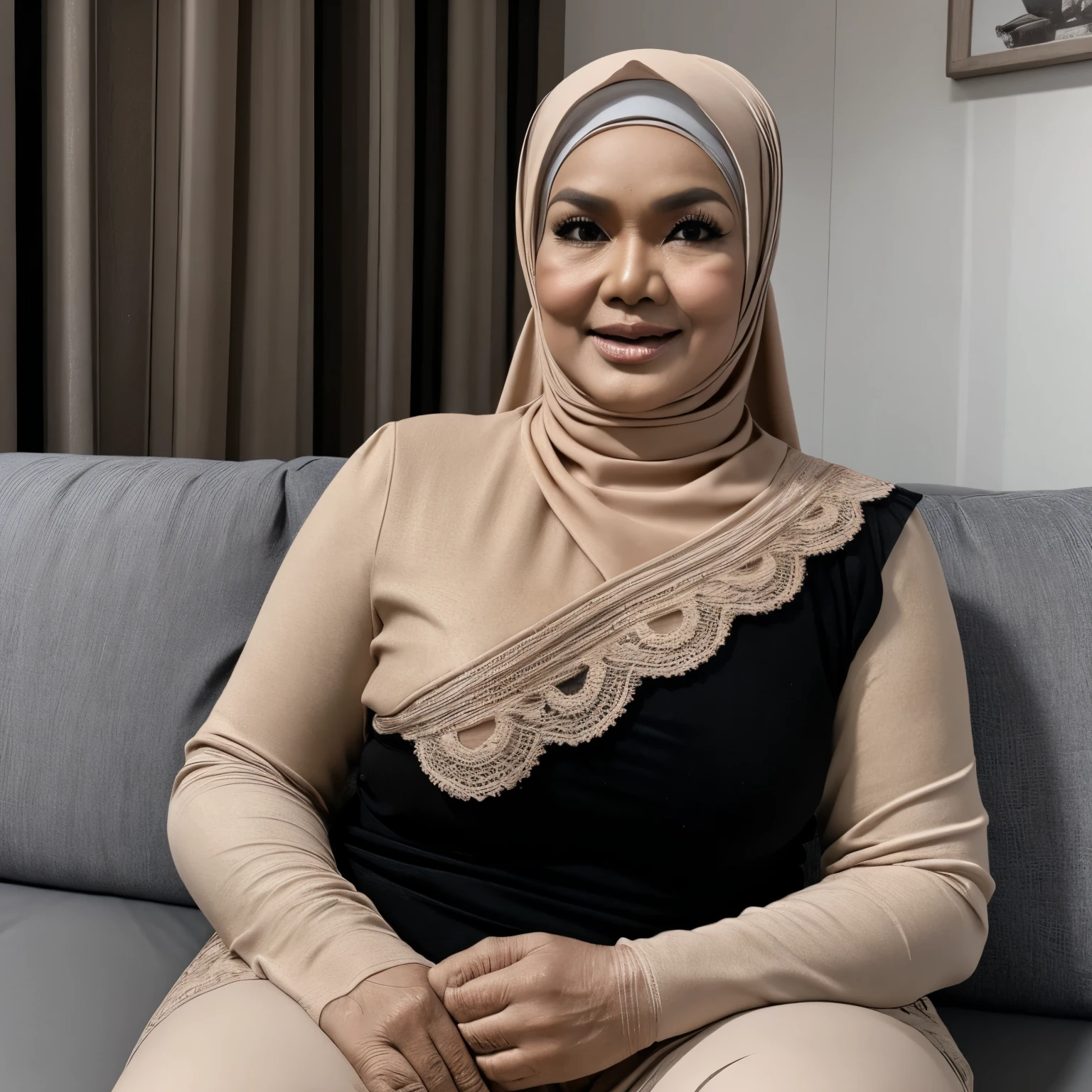 56 Years old, Indonesian mature woman, wearing Wide Hijab, perfect body, Full body, natural Droopiest Lowest Gigantic breast : 96.9, Hard Nipple Erection, gorgeous eyes, Soft smile, ((CHUBBY)) , ((SNEAKERS)), ( LACE GLOVE)),