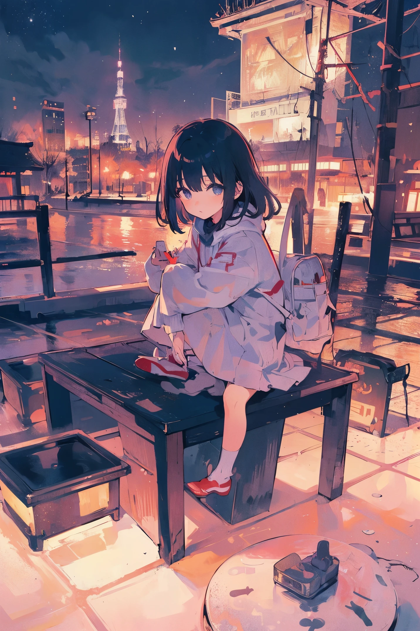 (masterpiece、top-quality、Official art:1.2)、Look at viewers、(little kindergarten girl))、(Winter clothes,colorless hair)(nighttime scene)(With illuminated Tokyo Tower in the background),realisitic、(2D:1.5)