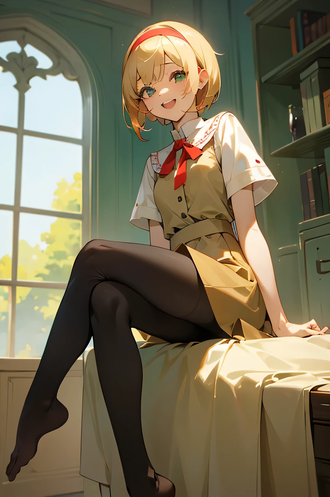 Blonde girl、Permed short hair、red hairband、green colored eyes、Beige blouse、skirt by the、Black tights、Laughing、Beautiful feet、sitting on