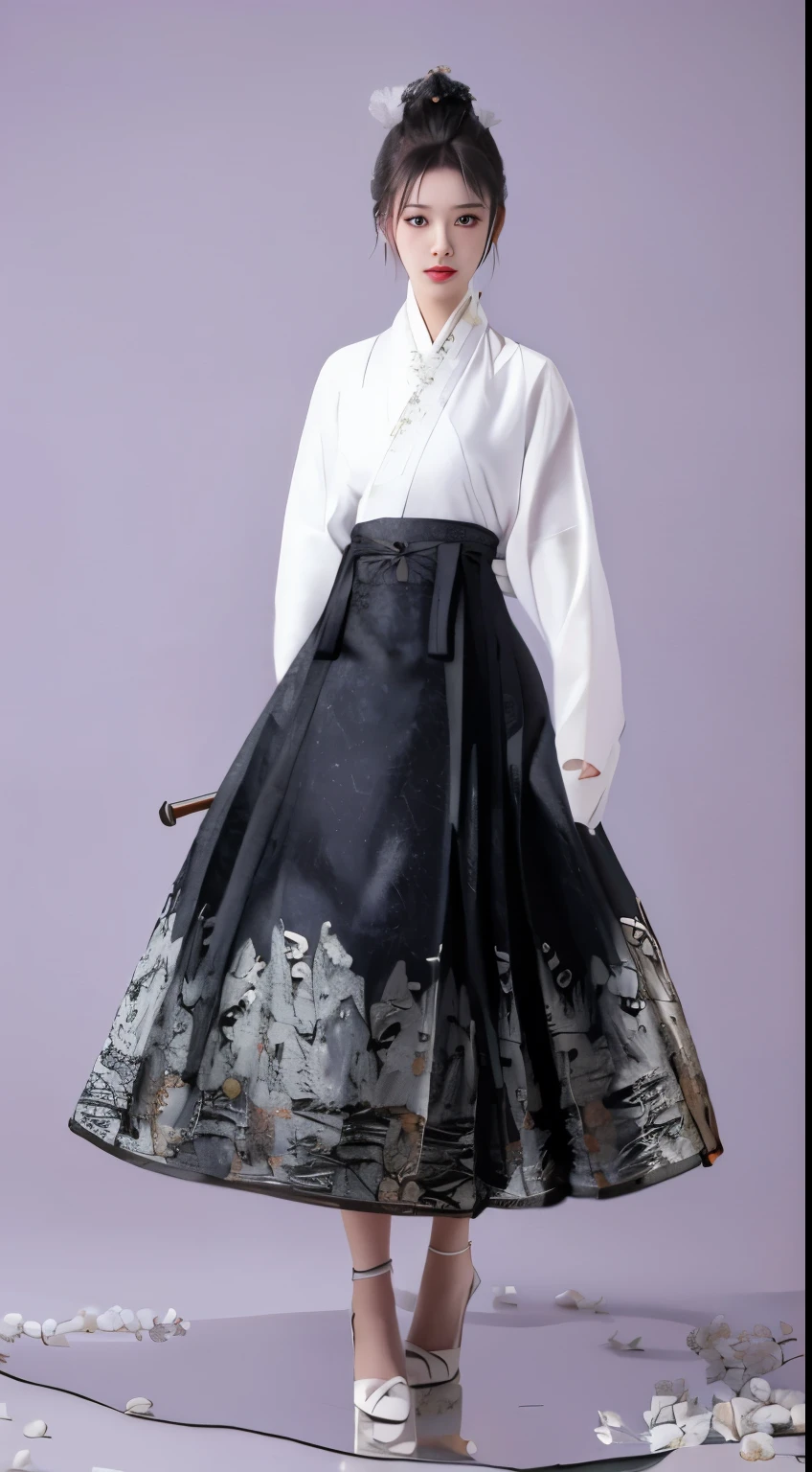 Wearing a black and white dresrench and German woman holding sword, intricate hakama, Hanbok, Hanbok apron, korean Hanbok, hakama kimono, Hanfu, Japanese clothes, Wear a hakama, Inspired by Shin Yoon-bok, white Hanfu, wide skirt, Detailed picture, traditional, traditional clothes, The complete theme is shown in the photo