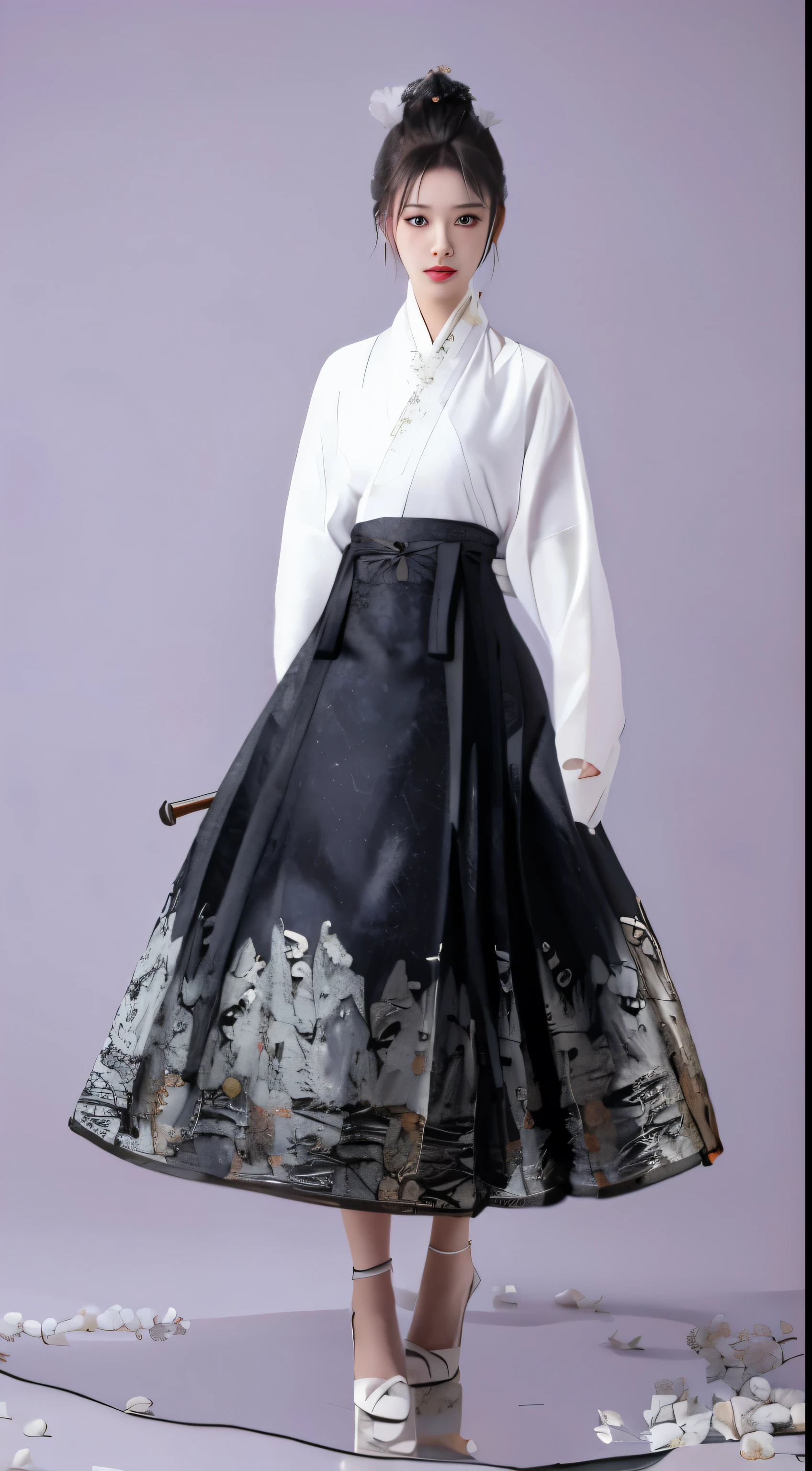 German woman wearing black and white dress and holding sword, intricate hakama, Hanbok, Hanbok apron, korean Hanbok, hakama kimono, Hanfu, Japanese clothes, put on hakama, Inspired by Shin Yoon-bok, white hanfu, wide skirt, Detailed picture, traditional, traditional clothes, The complete theme is shown in the figure