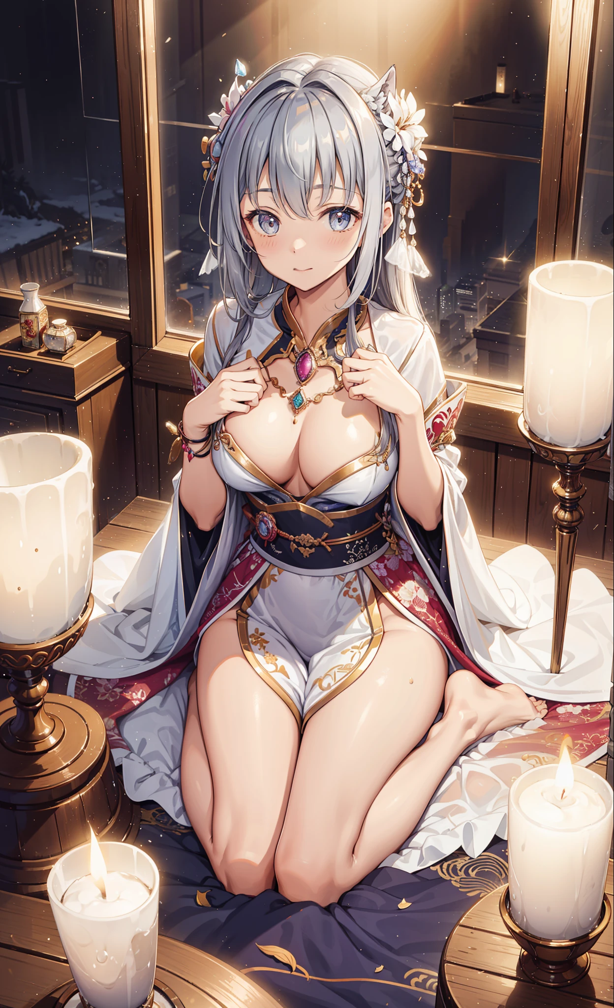 quality、image quality、tmasterpiece、girl ((、best bust、medium chest circumference、obsessed、Sexual suggestiveness、sexual teasing、lacivious pose、Lie flat,silver slightly curly hair、slenderness、Grand canyon、Silver blended transparent Hanfu matching))、high high quality、beautiful art、Background with((luxury hotel、Night view windows)))On a table、visual art、depth of fields、Diamonds adorn clothes,Sparkling,Full body lesbian