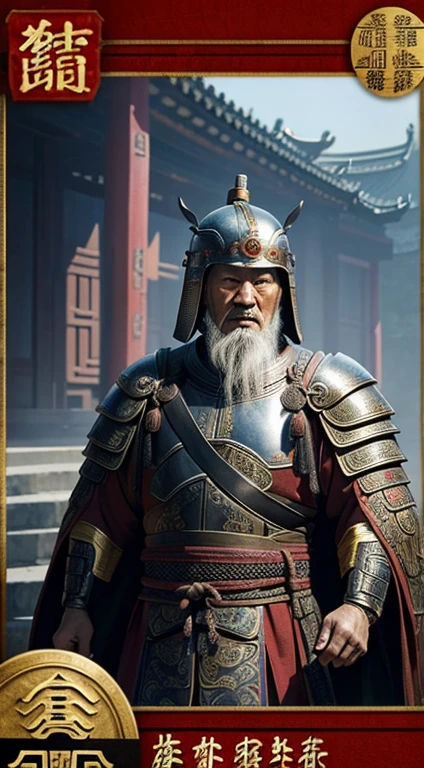 oriental、Old man wearing ancient Chinese armor、Old man wearing an ancient Chinese helmet、three kingdom、multiple warlords、top-quality、​masterpiece、超A high resolution、(Photorealsitic:1.4)、Cinematic poster