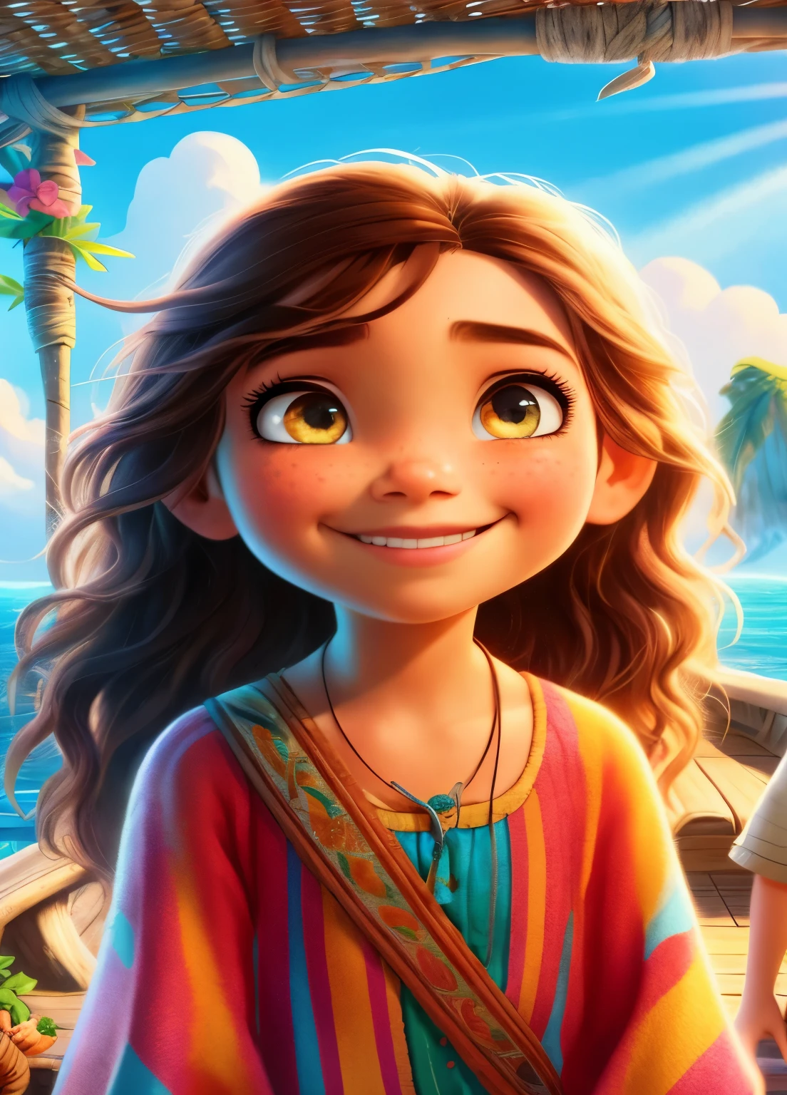 Cartoon girl and boy standing on a boat in a tropical environment, cute detailed digital art, Disney Art Style, in style of disney animation, 4K highly detailed digital art, animated movie, portrait shot, 4k detailed digital art, Disney Art Style, pixar portrait 8 k photo, official illustrations, Moana, animated movie, 8k high quality detailed art