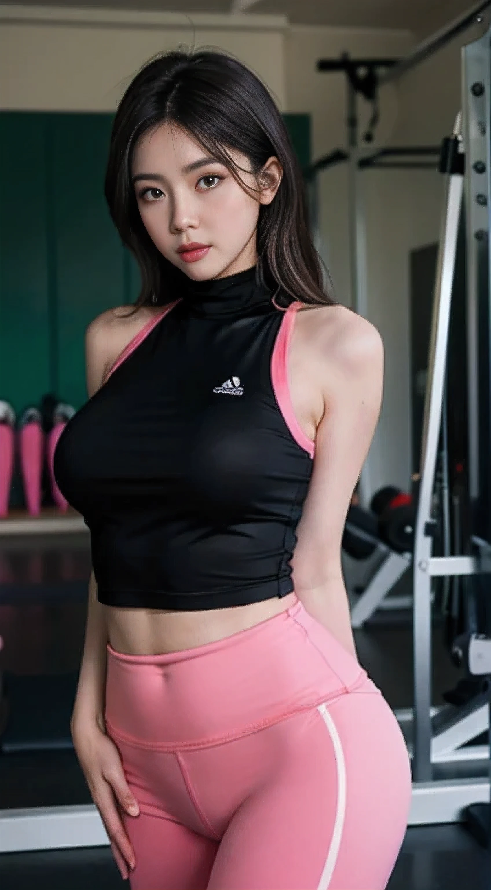 A jerman woman in gym equipment, fluffy hair, delicate face, bright, real girl, large aperture, wearing tight yoga pants, tight trousers, wearing a nine-point yoga vest, round neck vest, macro shooting, slightly fat, plump, sexy, looking at you, good-looking eyes, very plump, very big breasts,