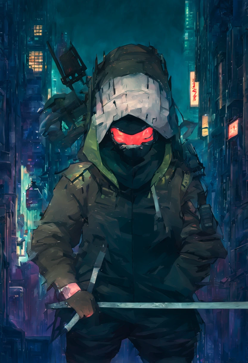 Masked man with sword and hood,  warrior, ronin, omen from valorant, Benedict Barna, cyberpunk samurai, Cyberpunk Goon Street, dishonorable style, Shōnen anime art style, seeds of reality,cyberpunk assassin,ninjartist, ninjartist雪茄, Inspiration from shame, full moon light, Modern detailed cyberpunk city