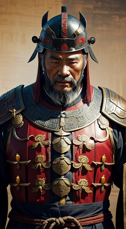oriental、Old man wearing ancient Chinese armor、Old man wearing an ancient Chinese helmet、three kingdom、multiple warlords、top-quality、masterpiece、超A high resolution、(Photorealsitic:1.4)、Cinematic poster