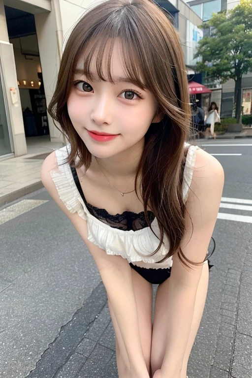 hight resolution, top-quality, Perfect dynamic composition, Beautiful detailed eyes, off shoulders、Radiant hair、Medium Hair, Natural Color Lip, college aged、Harajuku、A slight smil、Crouched figure、M-shaped legs、I can see panties、