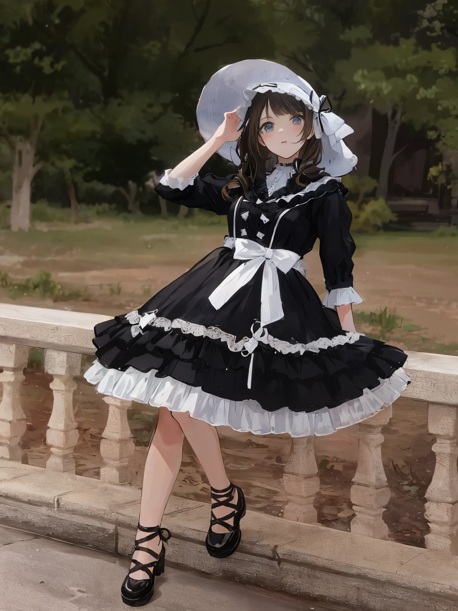 araffe dressed in a black and white dress and hat posing on a railing, brown hair, long hair, victorian gothic lolita fashion, black gothic lolita dress, lolita fashion, lolita style, maid dress, rococo ruffles dress, loli, anime girl wearing a black dress, black victorian dress, rococo dress, witchcore clothes, lolita, frilly outfit