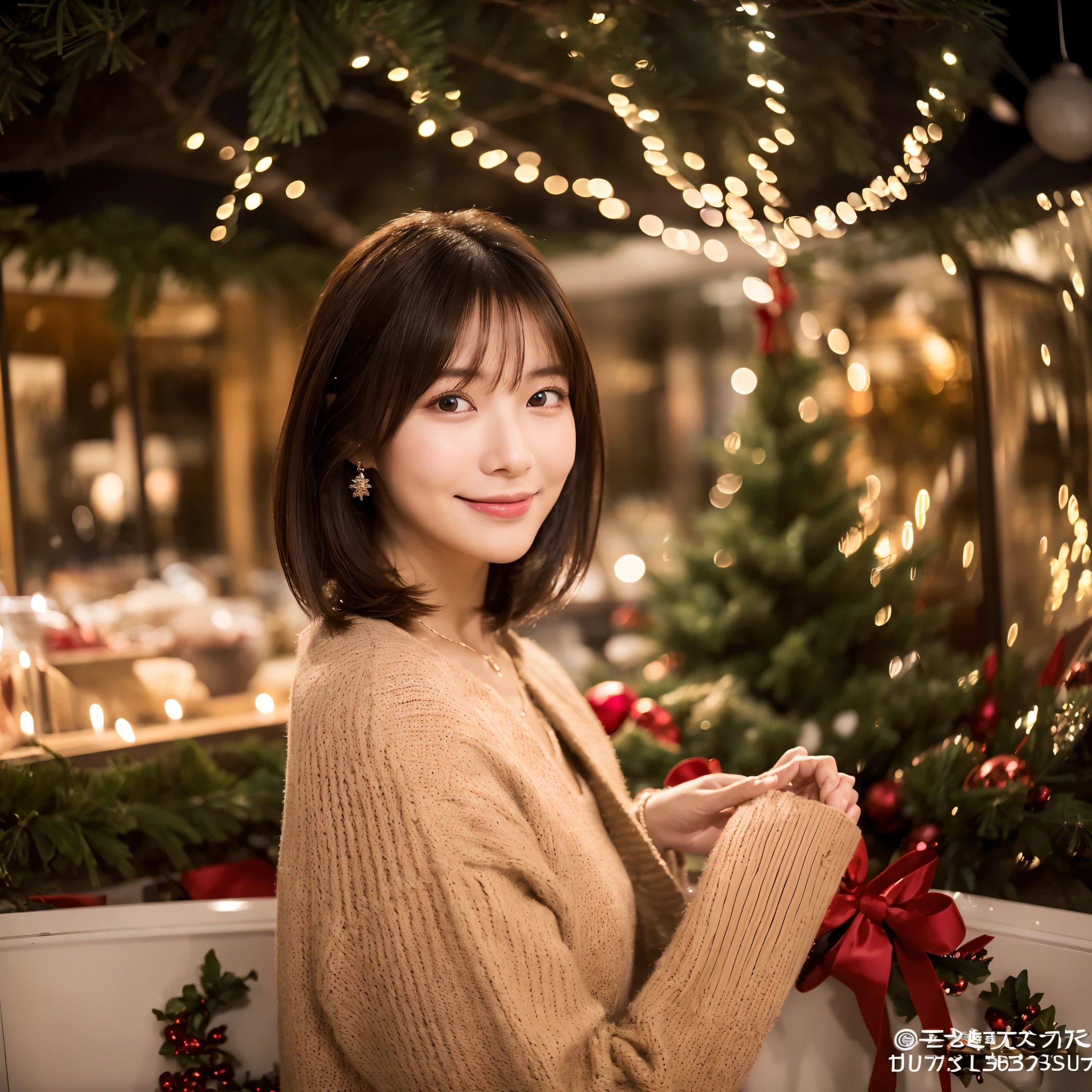 (The ultra -The high-definition:1.5)(ultra-detailliert:1.3) (ultra-quality) (An ultra-high picture quality:1.5) (rialistic photo:1.3) A Japanese Lady 21years old ((detailed and beautiful faces:1.3)) ((realistic skin textures:1.3)) ((Detailed and high quality eyes:1.3)) ((Detailed and high quality ears)) ((Beautiful, very fair and transparent skin:1.3)) ((Beautifully groomed straight short bob hair:1.3))Complete body beautiful proportion (Classy winter trend fashion:1.3) knitted sweater cashmere muffler The background is the inside of a Christmas cafe at dusk. very beautiful christmas illuminations Beautiful, luxurious and stylish store ((smile kindly at the viewer:1.3))