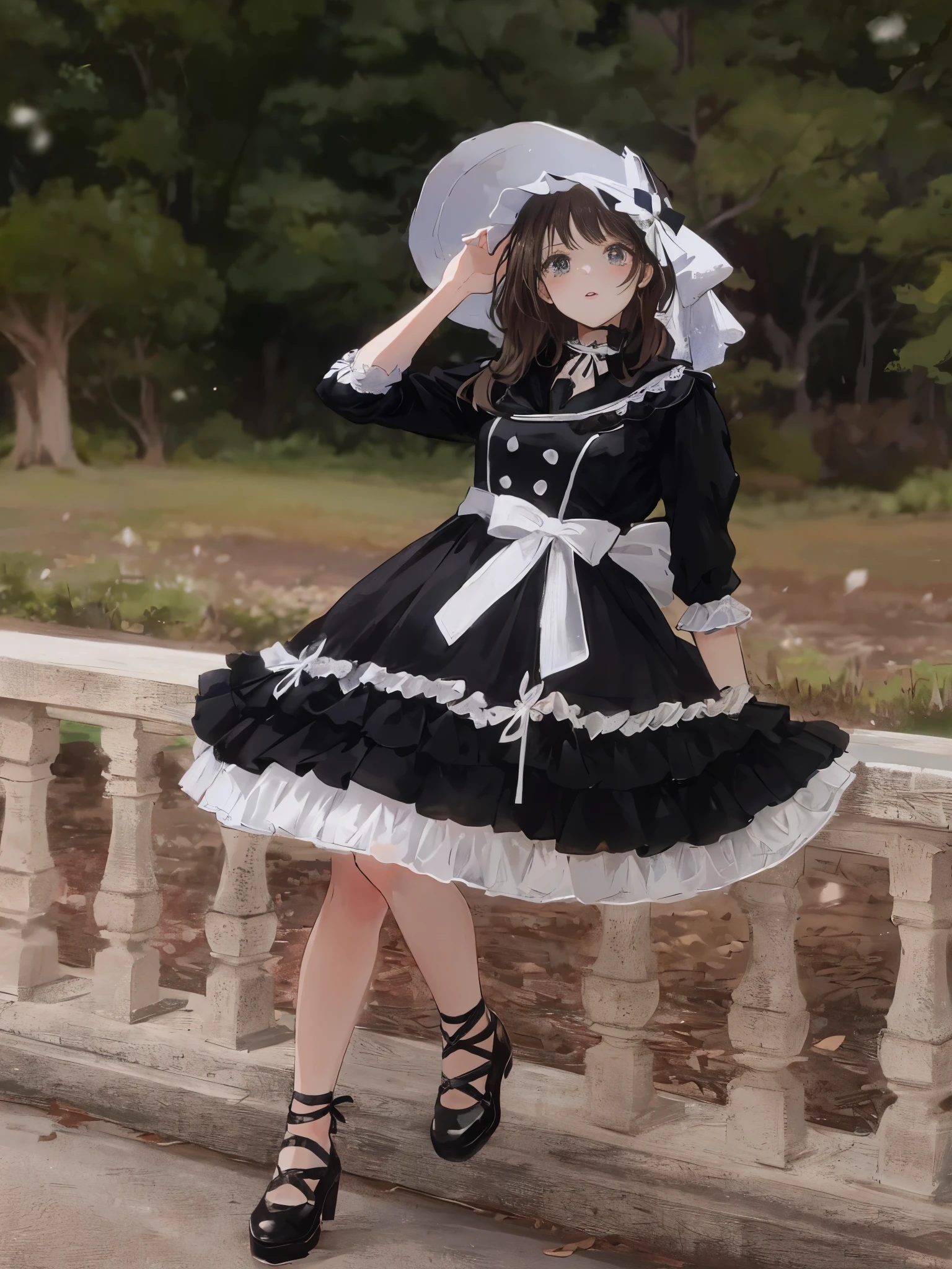 araffe dressed in a black and white dress and hat posing on a railing, brown hair, long hair, victorian gothic lolita fashion, black gothic lolita dress, lolita fashion, lolita style, maid dress, rococo ruffles dress, loli, anime girl wearing a black dress, black victorian dress, rococo dress, witchcore clothes, lolita, frilly outfit