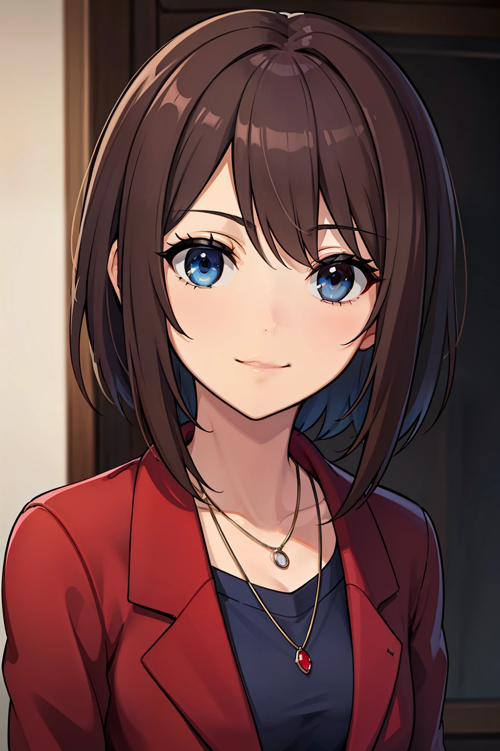 (high-quality, breathtaking),(expressive eyes, perfect face) portrait, 1girl, female, solo, adult woman, mum, age late 20's, brown hair, Heterochromia left eye brown and right eye light blue, short hair shoulder length, white ribbon in hair, gentle smile, loose hair, side bangs, looking at viewer, portrait, happy expression, modern clothing, red and blue jacket, red blouse, black jeans, small necklace shapped elegent, mature, height 5"6