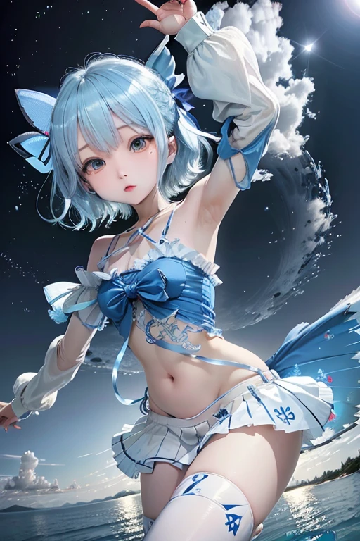 {(japanese high school girl)}, (white and light blue striped pantie with ribbon:1.3), ニーソックス:1.2, camel toe:1.2, (Squat and pee pose:1.2, open legs:1.2), front view:1.5,
multilayer textureperfect proportions, octane rendering, duotone lighting, Low ISO, wide aperture, White balance, Rule of thirds, ultra HD16k, HDR (High Dynamic Range), Ray Tracing, NVIDIA RTX, Super Resolution, Subsurface Scattering, PBR Texturing, Post Processing, Anisotropic Filtering, Depth of Field, Maximum Clarity and Clarity, High efficiency subpixel, subpixel convolution, particles of light, light scattered, Tyndall effect, full body:1.5, , cute, (cute:1.2), (bob cut:1.3),三つ編み, 黒髪, 太い眉毛, 薄い色の虹彩, 大きくて輝いている黒い瞳, 長いまつげ, 小さく薄い色の自然な唇, (Average face of Japanese idols), (日本人特有の童顔:1.3), (baby face), 広いおでこ:1.2, ふっくらした頬, 小さな顎, visible side boob, looking up:1.5, looking at viewer,Focus on the eyes,with sleek and menacing design, (完璧な4本の指, 親指1本),