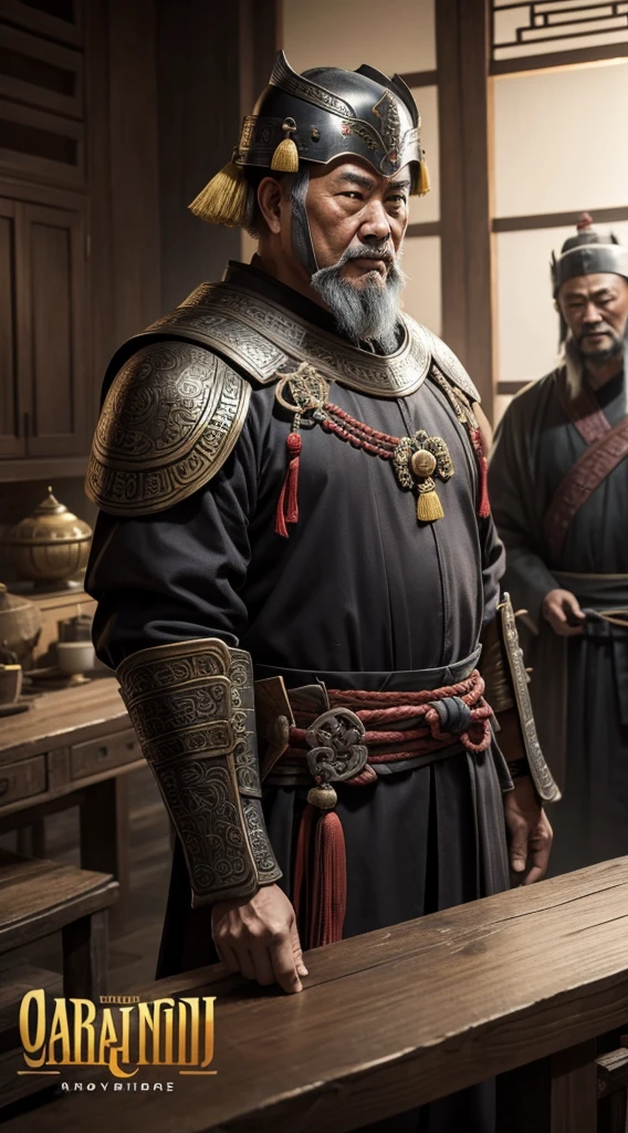 oriental、Old man wearing ancient Chinese armor、Old man wearing an ancient Chinese helmet、three kingdom、multiple warlords、top-quality、masterpiece、超A high resolution、(Photorealsitic:1.4)、Cinematic poster