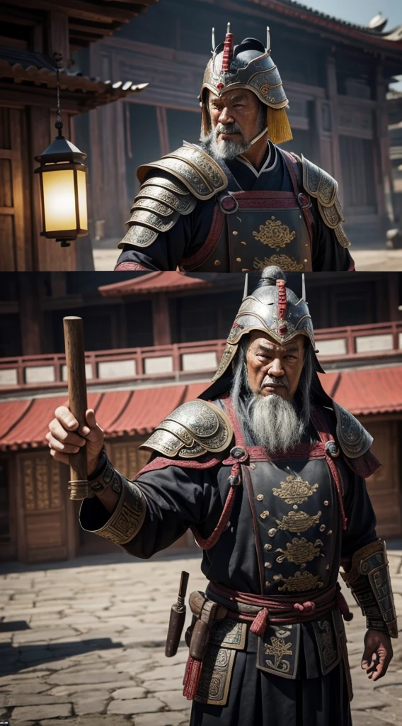 oriental、Old man wearing ancient Chinese armor、Old man wearing an ancient Chinese helmet、three kingdom、multiple warlords、top-quality、masterpiece、超A high resolution、(Photorealsitic:1.4)、Cinematic poster