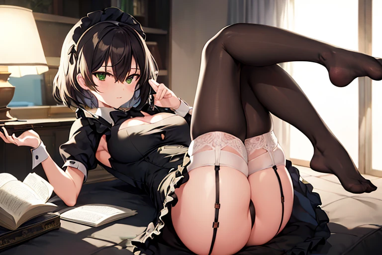 masterpiece, best quality, ultra-detailed, illustration, warm lighting, bright colors, 1girl,solo, short hair, black hair, green eyes, elizabeth_pendragon, hair_between_eyes,
1girl, apron, black_bow, black_bowtie, white_dress, blinds, book, bow, bowtie, cleavage, cleavage_cutout, closed_mouth, clothing_cutout, cup, dress, frilled_dress, frills, fruit, full_body, garter_straps, hair_twirling, hand_on_own_thigh, hand_up, indoors, lamp, legs, legs_up, long_hair, looking_at_viewer, maid, maid_apron, no_shoes, panties, puffy_short_sleeves, puffy_sleeves, short_sleeves, sitting, solo, stirrup_legwear, thighhighs, thighs, underwear, white_apron, white_garter_straps, white_panties, white_thighhighs, feet out of frame,