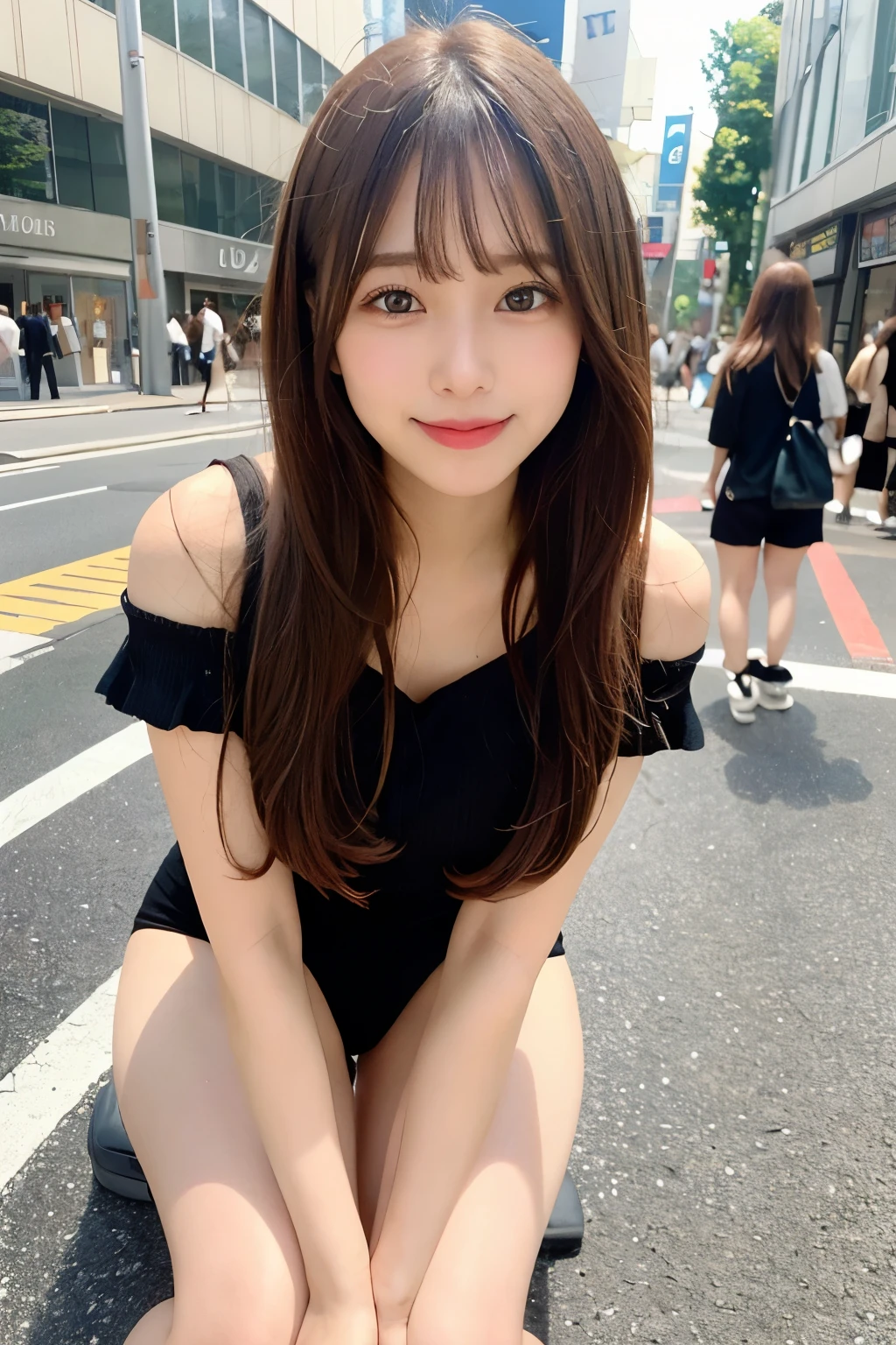 hight resolution, top-quality, Perfect dynamic composition, Beautiful detailed eyes, off shoulders、Radiant hair、Medium Hair, Natural Color Lip, college aged、Harajuku、A slight smil、Crouched figure、M-shaped legs、I can see panties、
