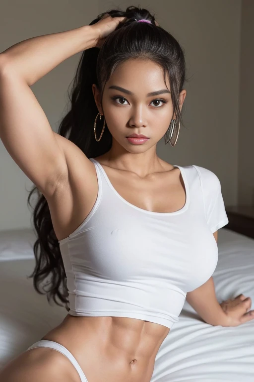 (photograph of a sexy 18 year old Melanesian mixed Indonesian woman:1.7), (only a baggy white t-shirt:1.5), (highly detailed face:1.5), (muscles:1.5), (abs:1.5), (laying on the bed ready for :1.6), (background inside light, bright, private bedroom), (long ponytail hairstyle:1.2), (8k, uhd, dslr, high quality, cinematic lighting, bokeh), (dramatic, award winning photography, incredible masterpiece:1.3), super sexy pose, female fitness model body, masterpiece, perfect posture, (((lascivious look)))