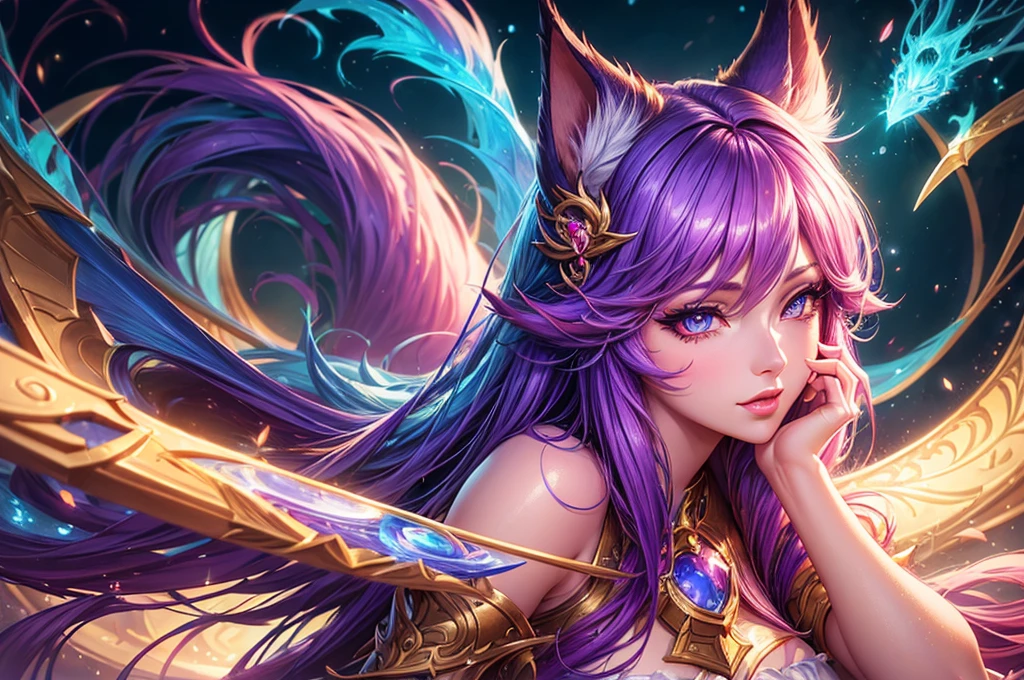 (best quality, masterpiece:1.2), detailed, Ahri from League of Legends, game, 1 girl, perfect face, beautiful detailed eyes, beautiful detailed lips, extremely detailed eyes and face, long eyelashes, vibrant colors, stunning lighting, digital painting, fantasy, digital artwork