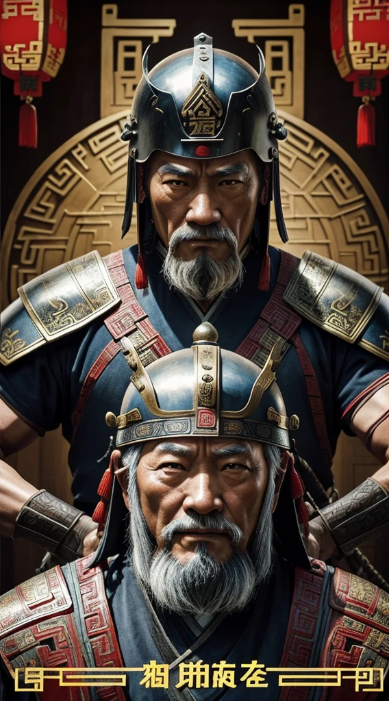 oriental、Old man wearing ancient Chinese armor、An old man wearing an ancient Chinese helmet、three kingdom、multiple warlords、top-quality、masterpiece、超A high resolution、(Photorealsitic:1.4)、Cinematic poster