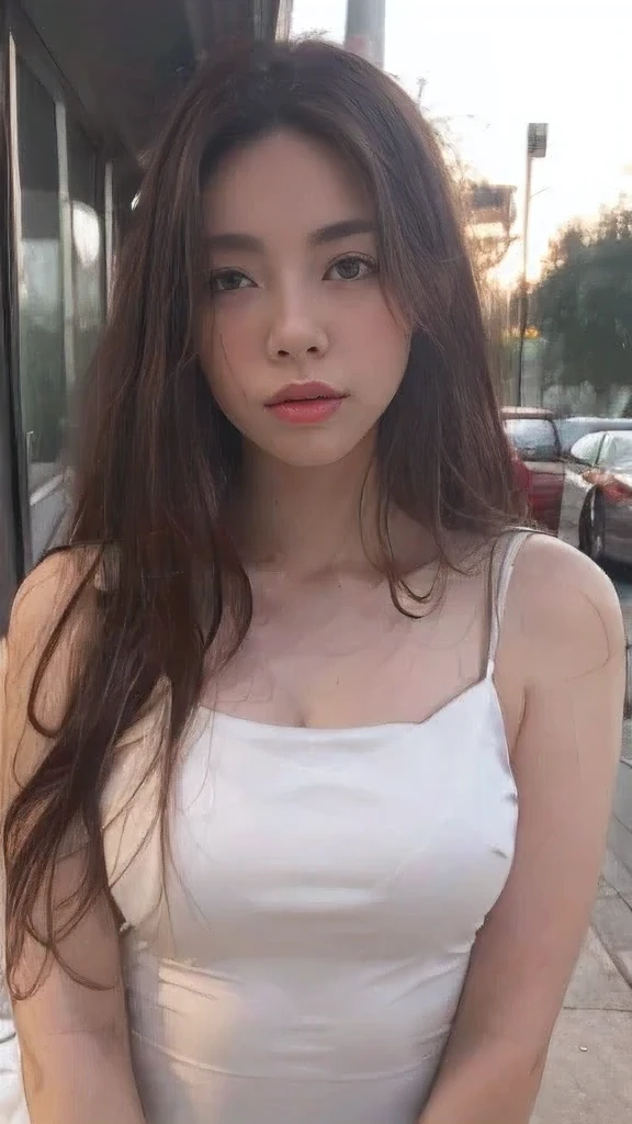 ((Realistic lighting, Best quality, 8K, Masterpiece: 1.3)), Focus: 1.2, 1girl, Perfect Figure: 1.4, Slim Abs: 1.1, ((Dark brown hair)), (White dress: 1.4), (Outdoor, Night: 1.1), City streets, Super fine face, Fine eyes, Double eyelids,