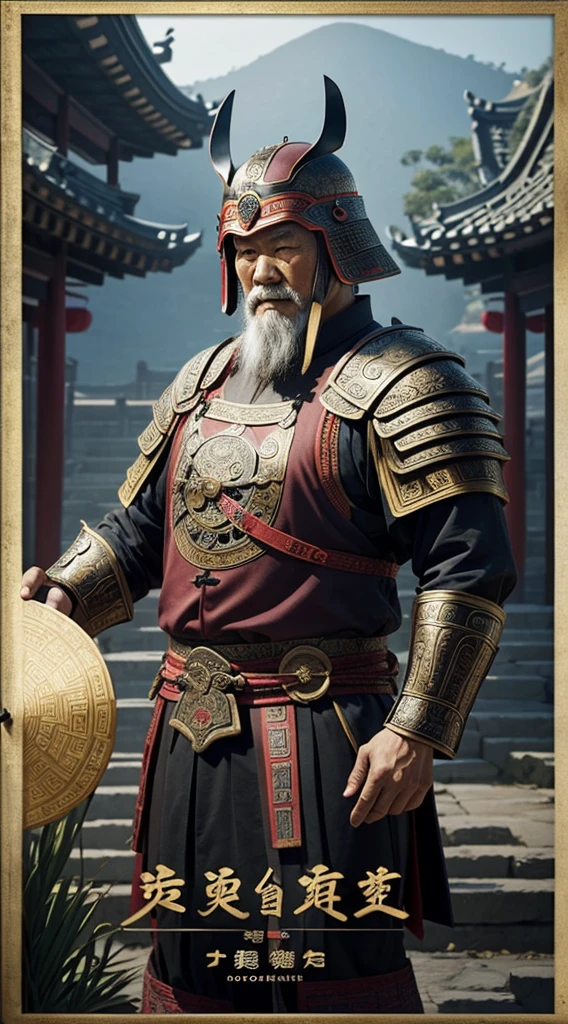 oriental、Old man wearing ancient Chinese armor、An old man wearing an ancient Chinese helmet、three kingdom、multiple warlords、top-quality、​masterpiece、超A high resolution、(Photorealsitic:1.4)、Cinematic poster