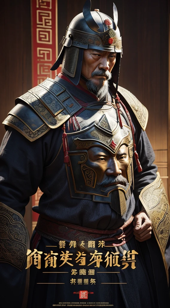 oriental、Old man wearing ancient Chinese armor、An old man wearing an ancient Chinese helmet、three kingdom、multiple warlords、top-quality、masterpiece、超A high resolution、(Photorealsitic:1.4)、Cinematic poster