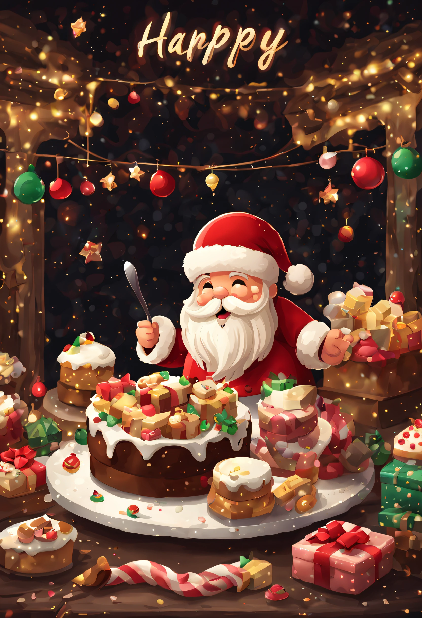 a masterpiece artWork a happy santa claus in chibi style, baking, gift shaped cake, cute and colorful style