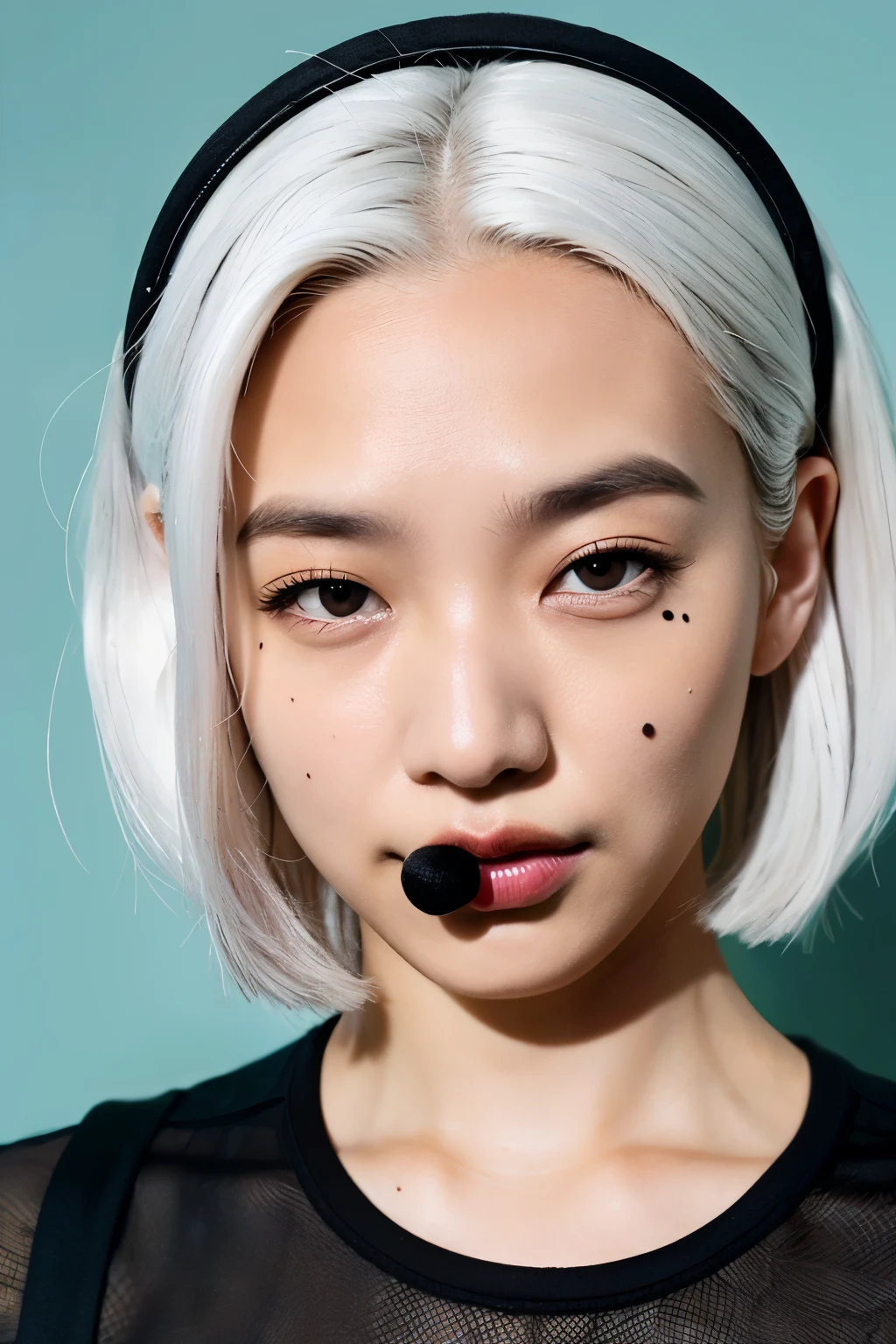 white  hair　Black eye　Purple Mesh　black pin　Mole in the mouth　Black shirt　Downer
