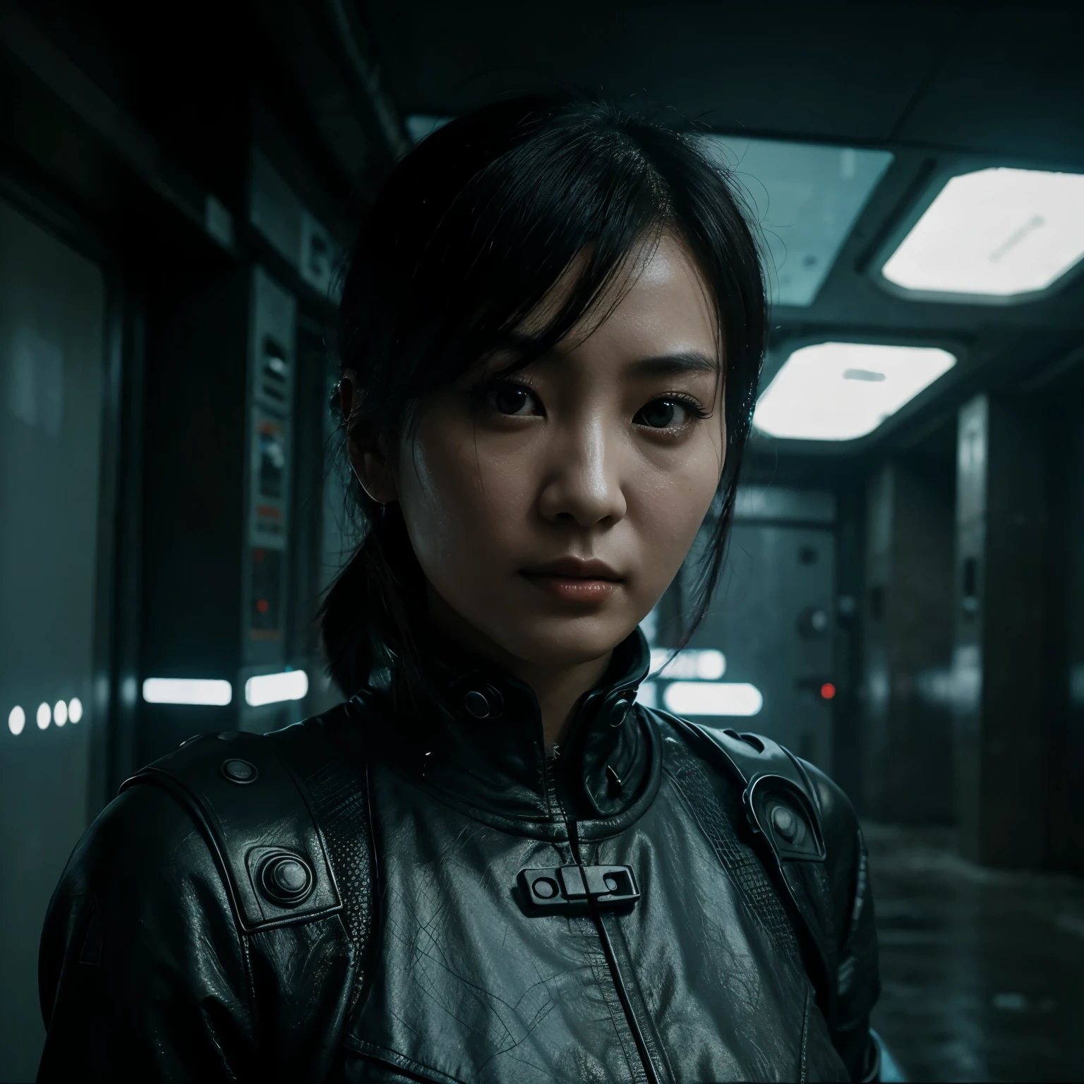 A Chinese 35 years old woman, futurist wasteland, alian planet, cyber punk, dark theme, outdoor, deserted land.
