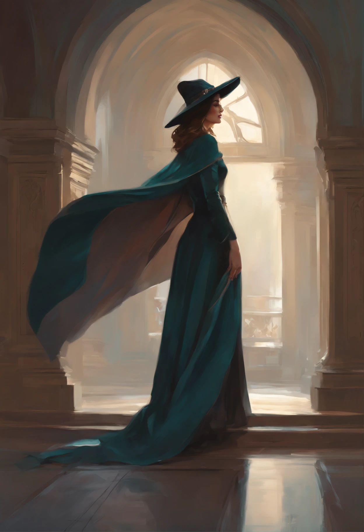 painting of a woman in a hat and cloak in a building, artwork in the style of guweiz, beautiful character painting, charlie bowater character art, fantasy concept art portrait, in the art style of mohrbacher, artgerm and atey ghailan, charlie bowater art style, Ruan Jia and Stanley Artgerm