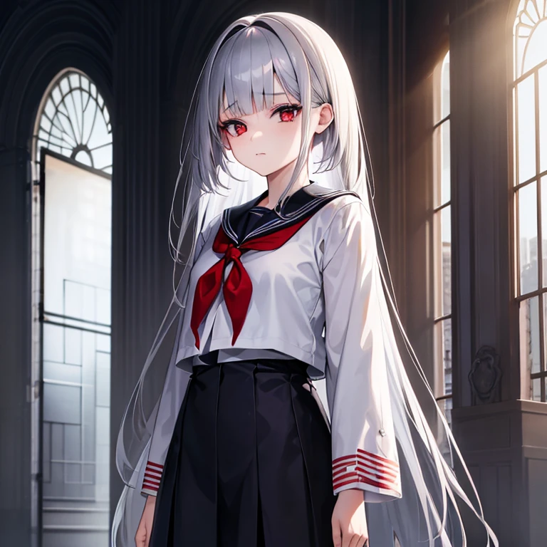 Japanese white girl, whole body, silver hair, red eyes, eyes are behind her forelock, unpretentious and gloomy face, sailor suit, slender body, fragile standing pose