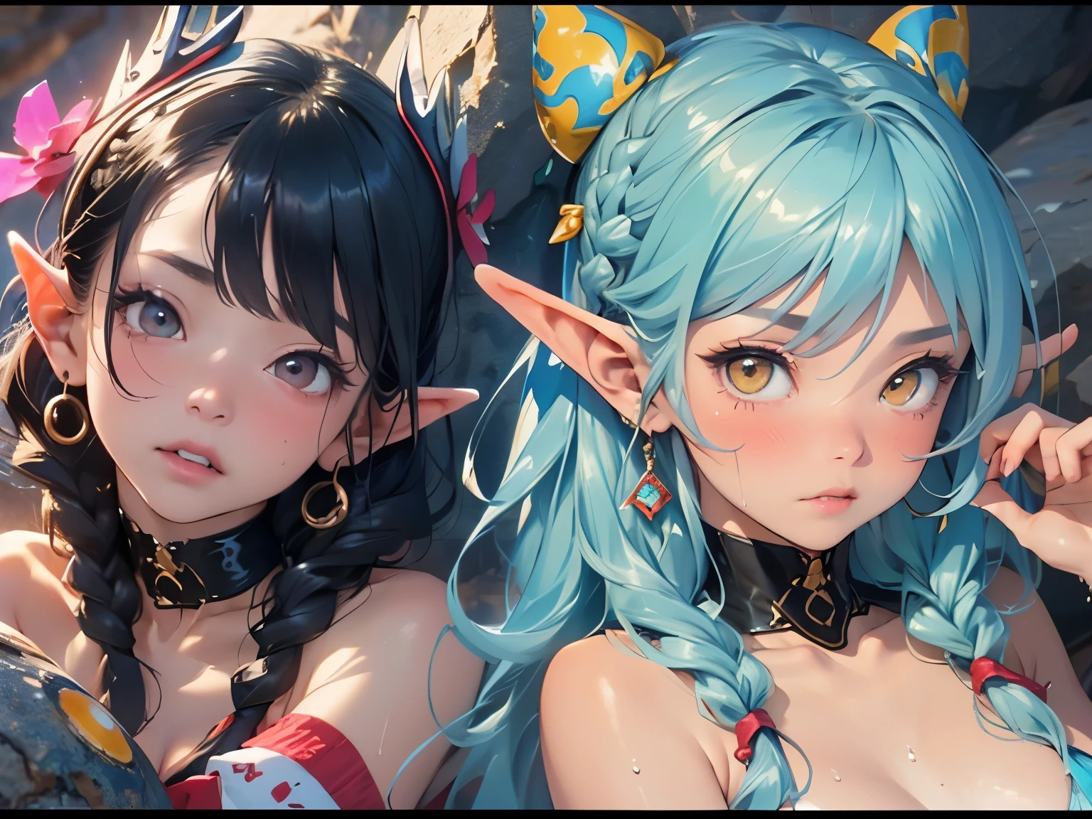 Cute loli elf,(((Little li,tiny Little body,Little))),(((6 ye),((anime elf loli with extremely Cute and beautiful aqua hair)), (((elf,elf ears))),

((lesbian,Yuri)),(((flat chest))),((((aqua hair:1.35,long braid aqua,Colored inner hair,Ear breathing)))),(((yellow_Eyes:1.3))),Convoluted Eyes,beautiful detailed Eyes,symmetrical Eyes,big Eyes:1.5,(((Brown-skinned:1.4,Dark skin,Dark_skin,lustrous skin:1.5,bright skin: 1.5,skin tanned,shiny skin,very shiny skin,Shiny body,plastic glitter skin,exaggerated shiny skin,illuminated skin))),(Detailed body,(Detailed face)),

Cute,sluttish,Erotic,boldness,(((NSFW))),(Lying girl spreads her legs、long to, A large earthworm was inserted)

((Aztec tribal queen with tribal prints and patterns theme,  Mesoamerica, Mexica),barechested,show skin,(barechested体),((All nude、)),

(Dynamic Pose:1.0),embarrassed,(Centered,scale to fit the dimensions,thirds rule),

((Dim cave)), with Dark stormy cloudeach scenery,Convoluted scenery)),

(光沢のあるbarechested),hight resolution,Sharp Focus,(ultra-detailliert,Extremely detailed),(Photorealistic artwork:1.37),(Extremely detailed CG unity 8k wallpaper),(((Vibrant colors,Vibrant themes))),(Convoluted),(masutepiece),(Best Quality),the whole、humiliated、impatience、Frightened、Dazzling cleavage、（Large amount of sperm in the thighs:1.2）、masutepiece, High quality, , Tight,  Tentacle inserts, Surrounded by tentacles, Sweat, the whole全身, orgasm, Wearing sweat、Neat girl, (All nude),big wet nipples、Wavy Hair, Brown hair, Eyes are blue, 狭くてlong to., small tits 、Rough breath、Narrow waist, All 、ほぼbarechested、(pink wet nipples),, Tears, srestrained, (Multiple inserts:1.2), (Earthworm insert), Crying, aggression, inside a cave, amazing image, depth of fields, Detailed textures, (are visible)、Crying expression、Translucent liquid flowing out of、Sweaty and wet、(Inserting a hard jelly-like earthworm into the genitals.), slimy earthworms